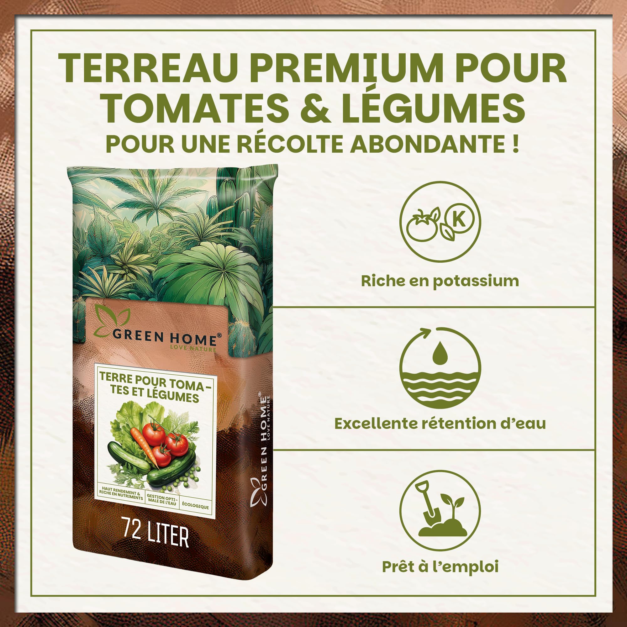Green Home Terreau Tomates & Potager 72L – terreau-Potager enrichi pour tomates, poivrons, concombres et courgettes – substrat prêt à l’Emploi pour bac surélevé, jardinière ou Pot