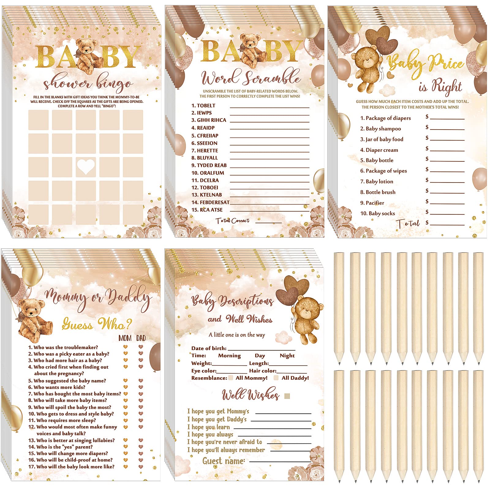 Sherr 145 Pcs Bear Baby Shower Games Gender Reveal Decoration Set Include 125 Bingo Cards 20 Pencils for 25 Guests for Girl Boy Brown Baby Shower