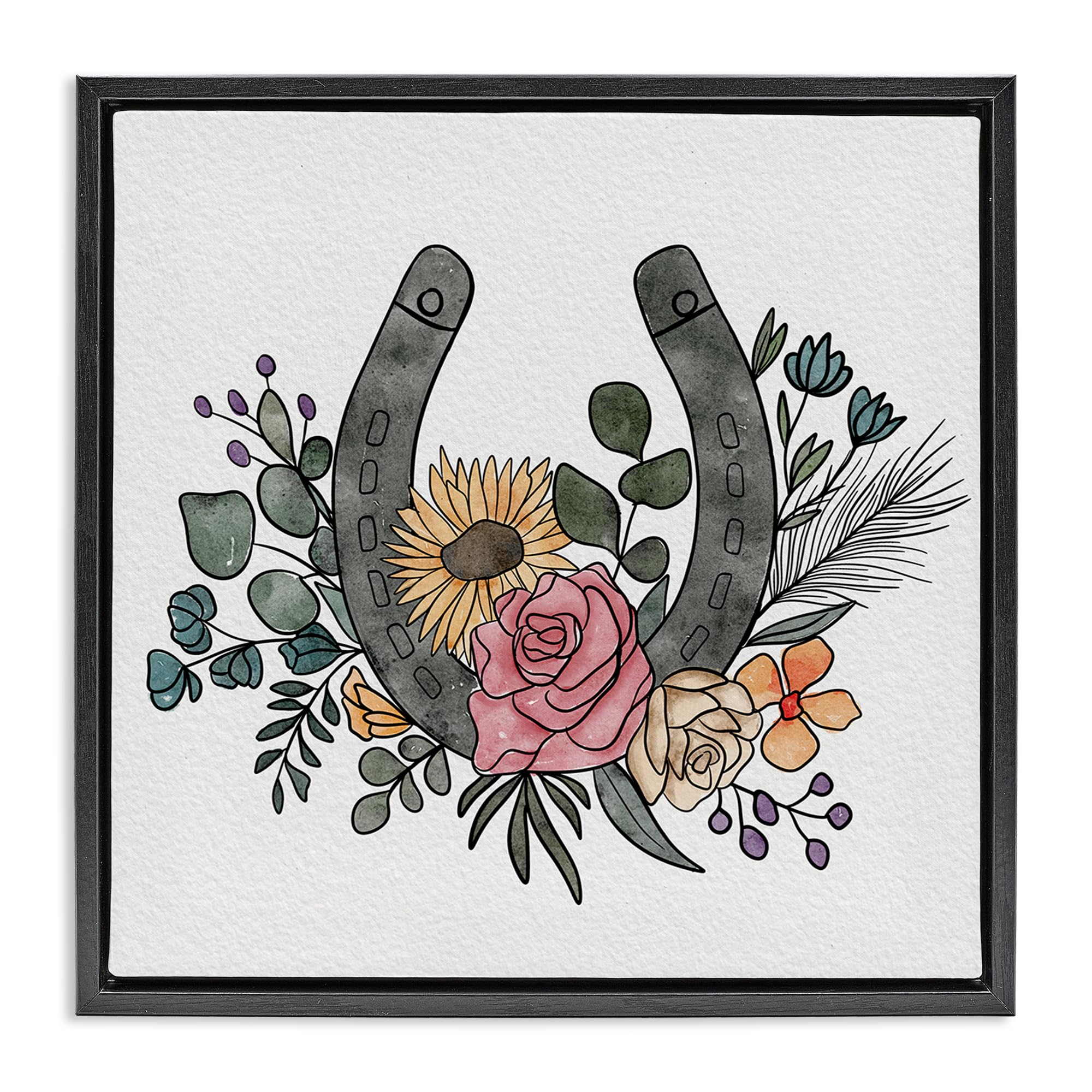 Stupell Industries Jet Black (Matte) Boho Floral Horseshoe, 24 X 24 Inch Canvas In Floater Frame