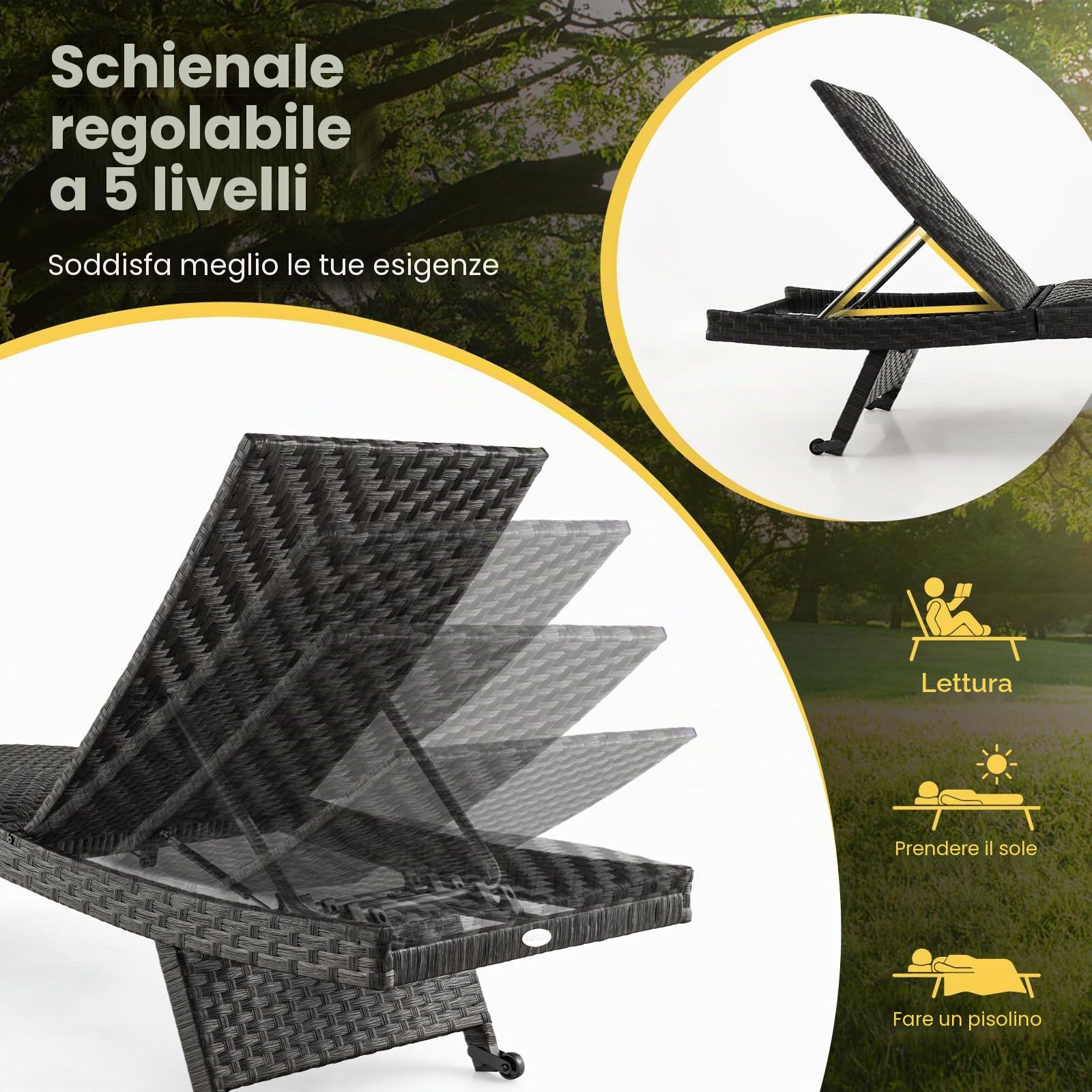 GIANTEX Lettino Prendisole da Giardino in Rattan con Schienale Regolabile | Sedia a Sdraio Imbottita con 5 Posizioni, Ruote Posteriori e Telaio in Metallo