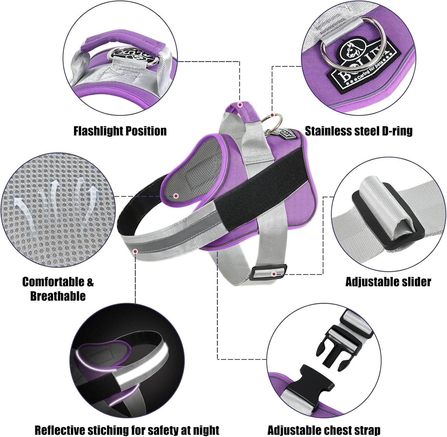 Bolux Dog Harness, No-Pull Reflective Dog Vest, Breathable Adjustable Pet Harness with Handle for Outdoor Walking - No More Pulling, Tugging or Choking (Lavender, Large (Pack of 1)) Large (Pack of 1) Lavender