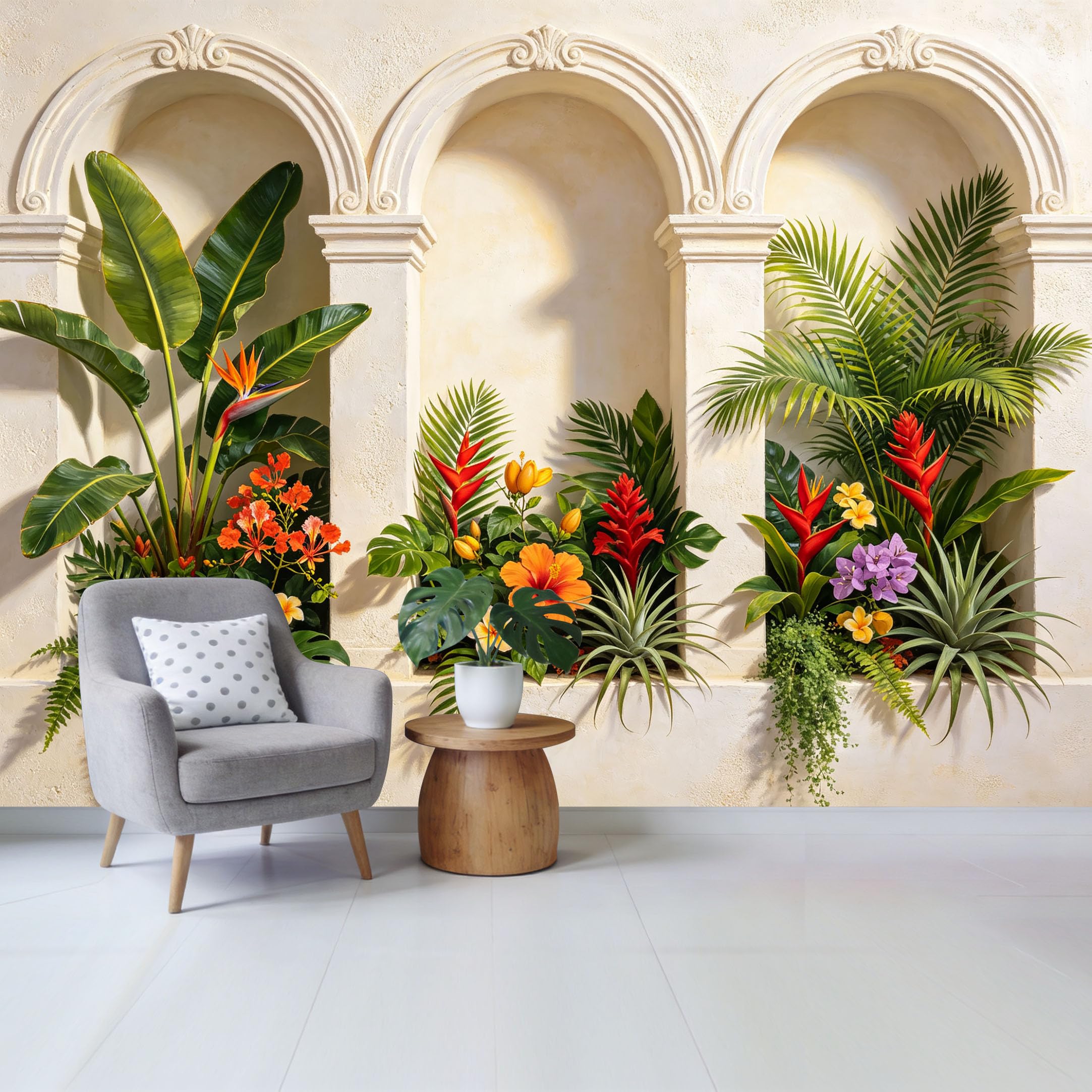 Custom Size Wall Mural Tropical Botanical Flower Arch Garden Design Removable Self Adhesive Fabric Home Wall Decor for Living Room Bedroom Bathroom