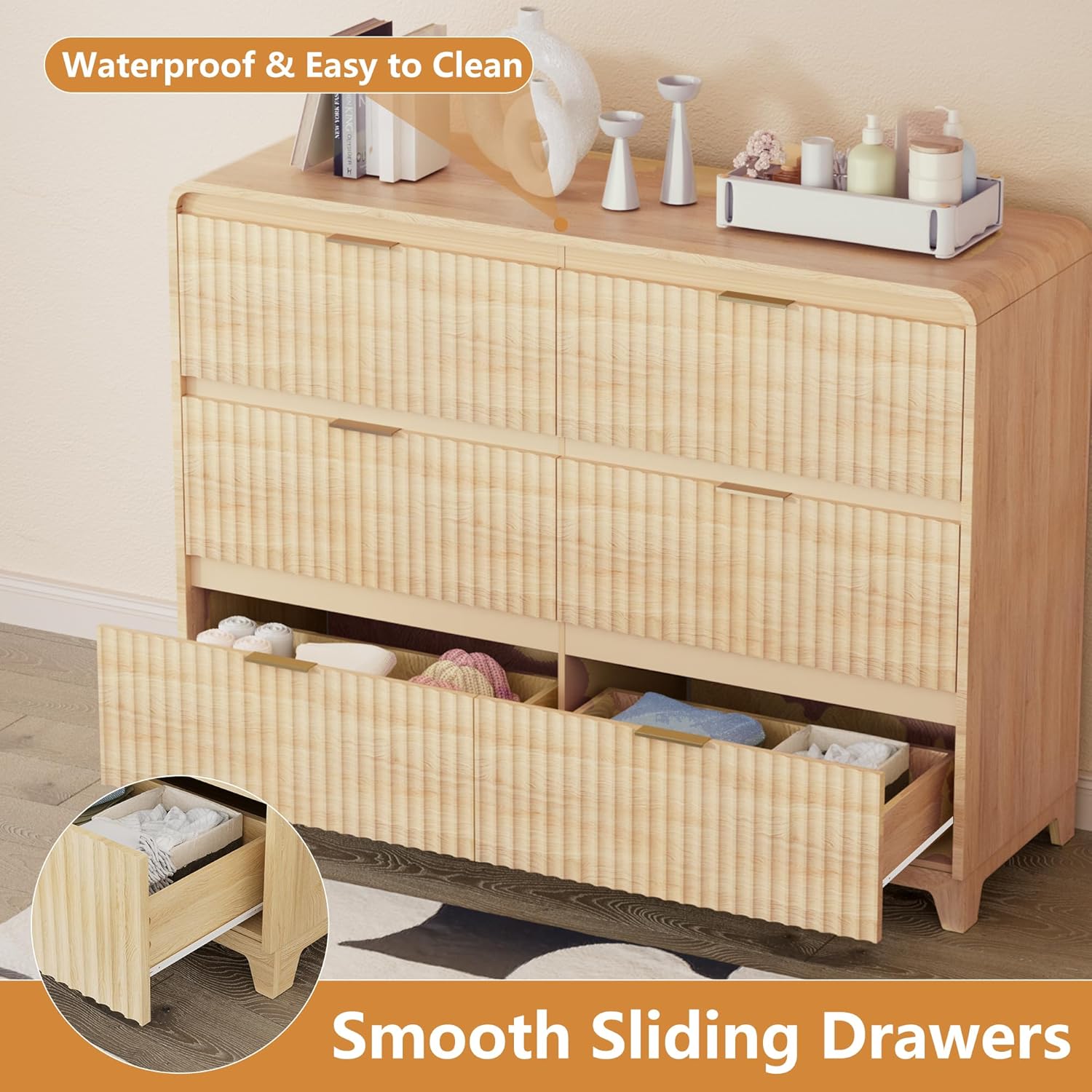 3 Piece Bedroom Furniture Set 6 Drawer Fluted Dresser & 2 Nightstand Sets with Metal Handle, Charging Station & Storage Cabinet, Modern Design for Bedroom/Living Room, Natural