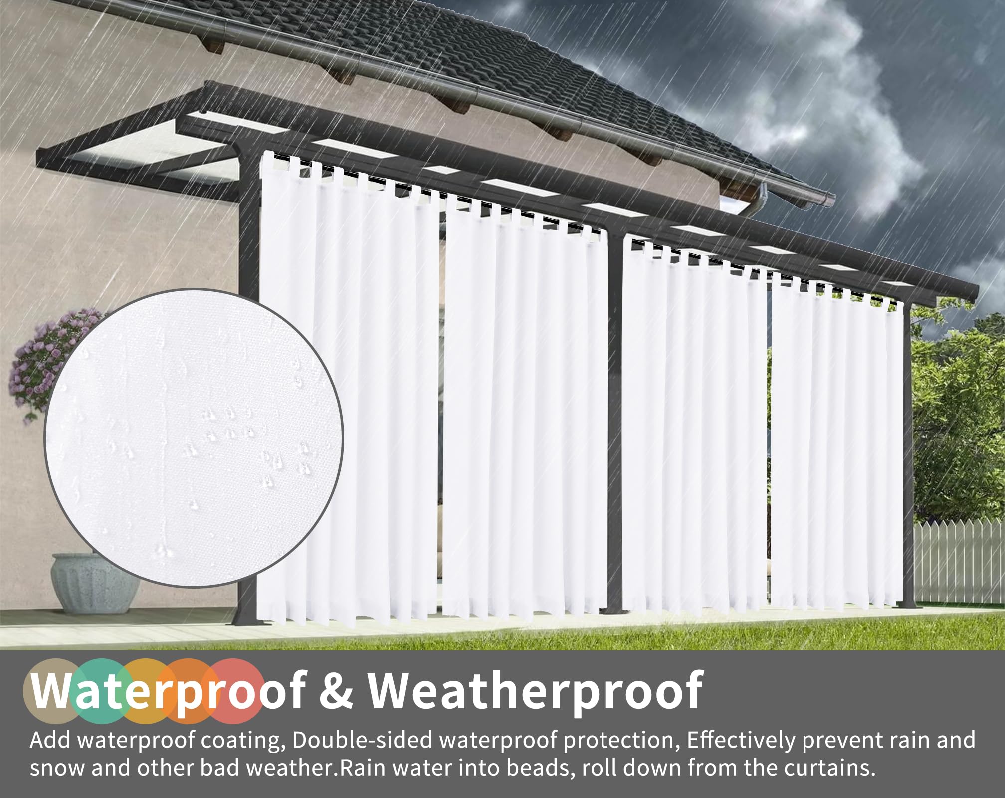 Teruntrue Rideau d'extérieur 2 pièces résistant aux intempéries avec Sangles à Scratch, Voilage Balcon terrasse, Protection Solaire et intimité, Passants en Bas, H220 x L155 cm, Blanc