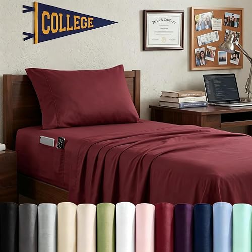 Swift Home Twin XL Bed Sheet Set with Double Side Pockets, Burgundy
