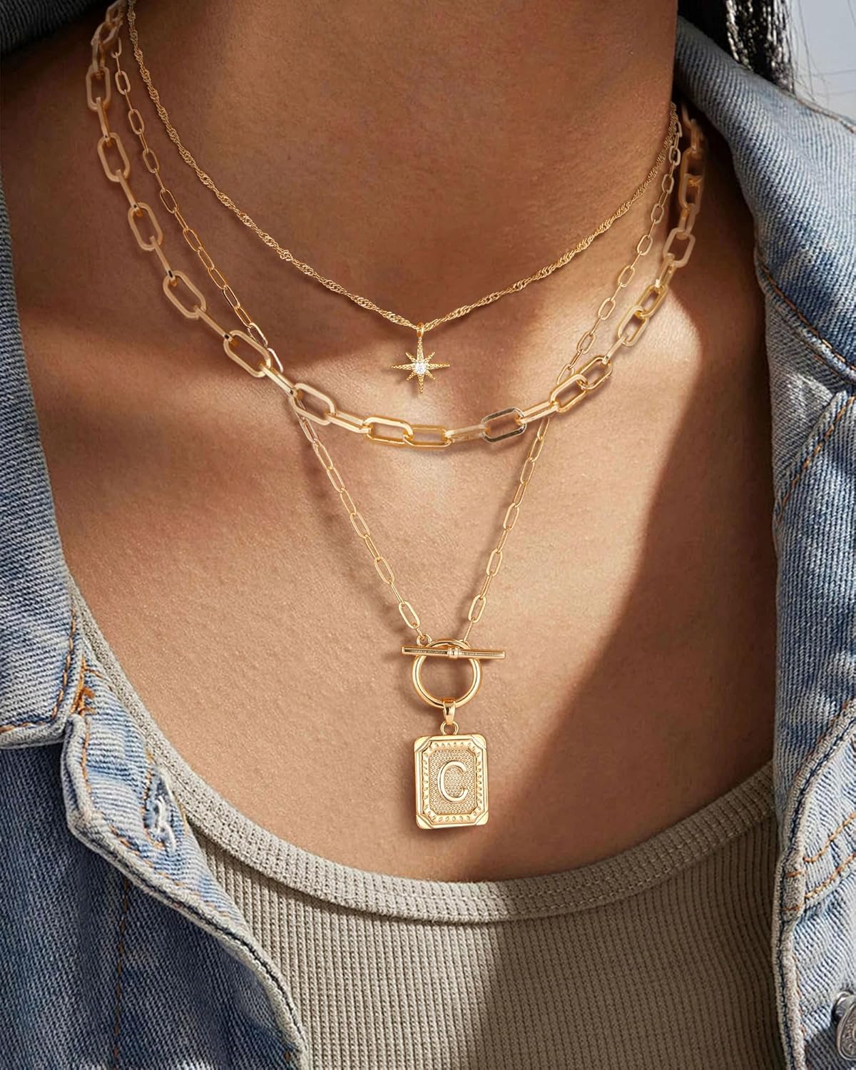 MJartoria Layered Initial Necklaces for Women Trendy, 14K Gold Plated Brass Simple Star Choker Square Letter Pendant Necklace, Paperclip Chain Necklaces Jewelry Gifts - Image 7