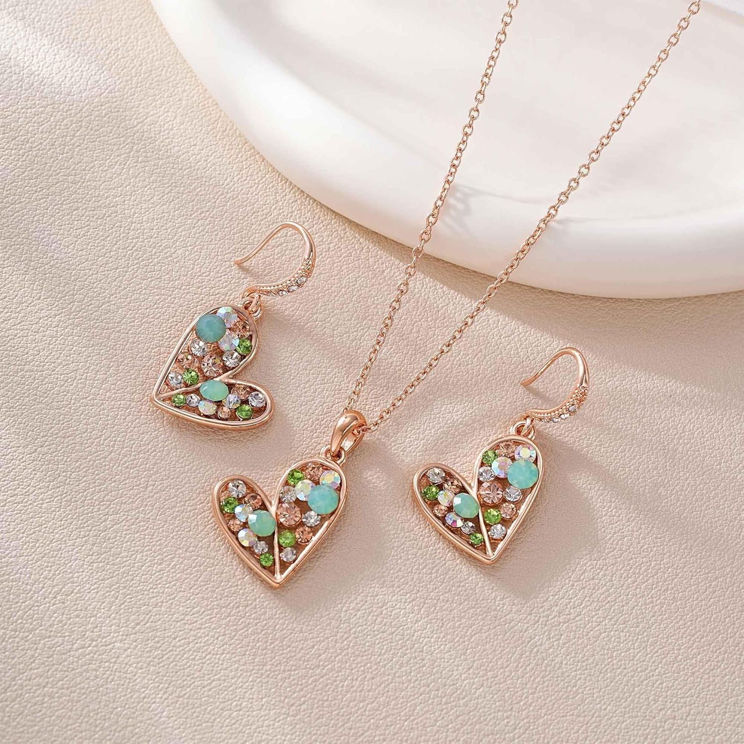 EVEVIC Austrian Crystals Heart Pendant Necklace Earrings Set for Women 14K Rose Gold Plated Drop Earrings Hypoallergenic Jewelry Set Gift for Birthday Anniversary Wedding - Image 3