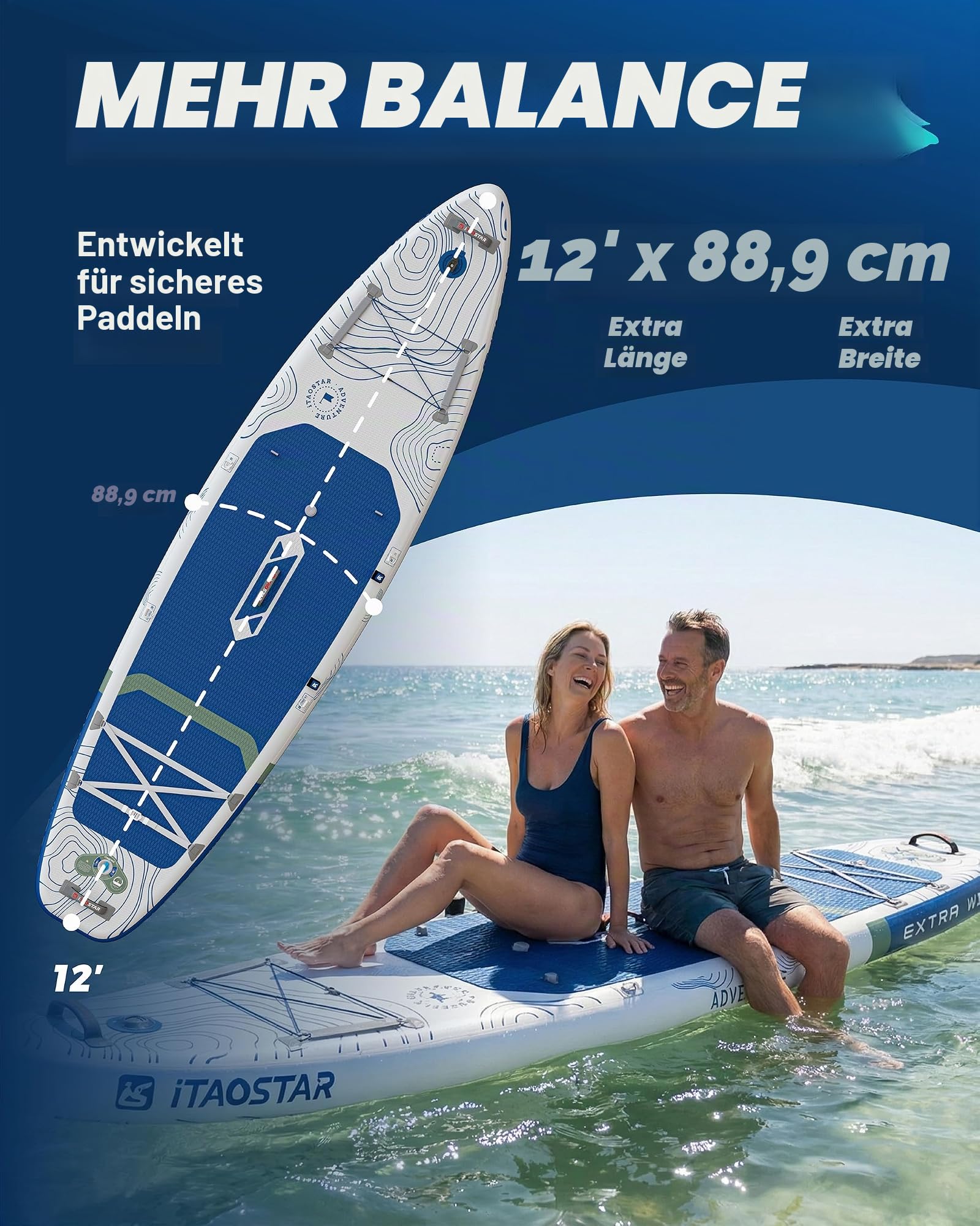 iTAOSTAR Adventure 365×88/99cm extra breites Paddleboard mit Sitz, One-Stop-Premium-SUP-Board-Zubehör, maßgeschneiderte 5 Finnen, stabile aufblasbare Stand Up Paddleboards für Jugendliche/Erwachsene