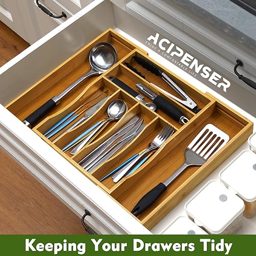 Miniatura 2 de Organizador de cajones de cocina de bambú, bandeja expandible para cubiertos con cajón de cubiertos ranurado para cubiertos en cocina, 8 ranuras,