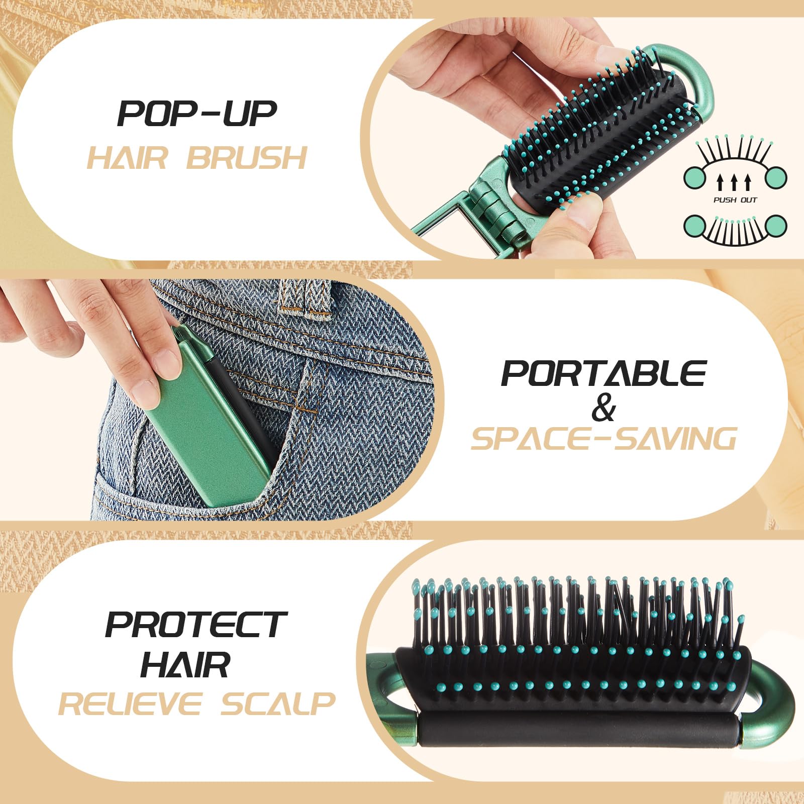 Uiifan 50 cepillos de viaje compactos portátiles plegables con espejo tamaño de bolsillo mini cepillo de pelo para hombres y mujeres, herramientas de peinado para el cabello, bolso, coche, gimnasio,
