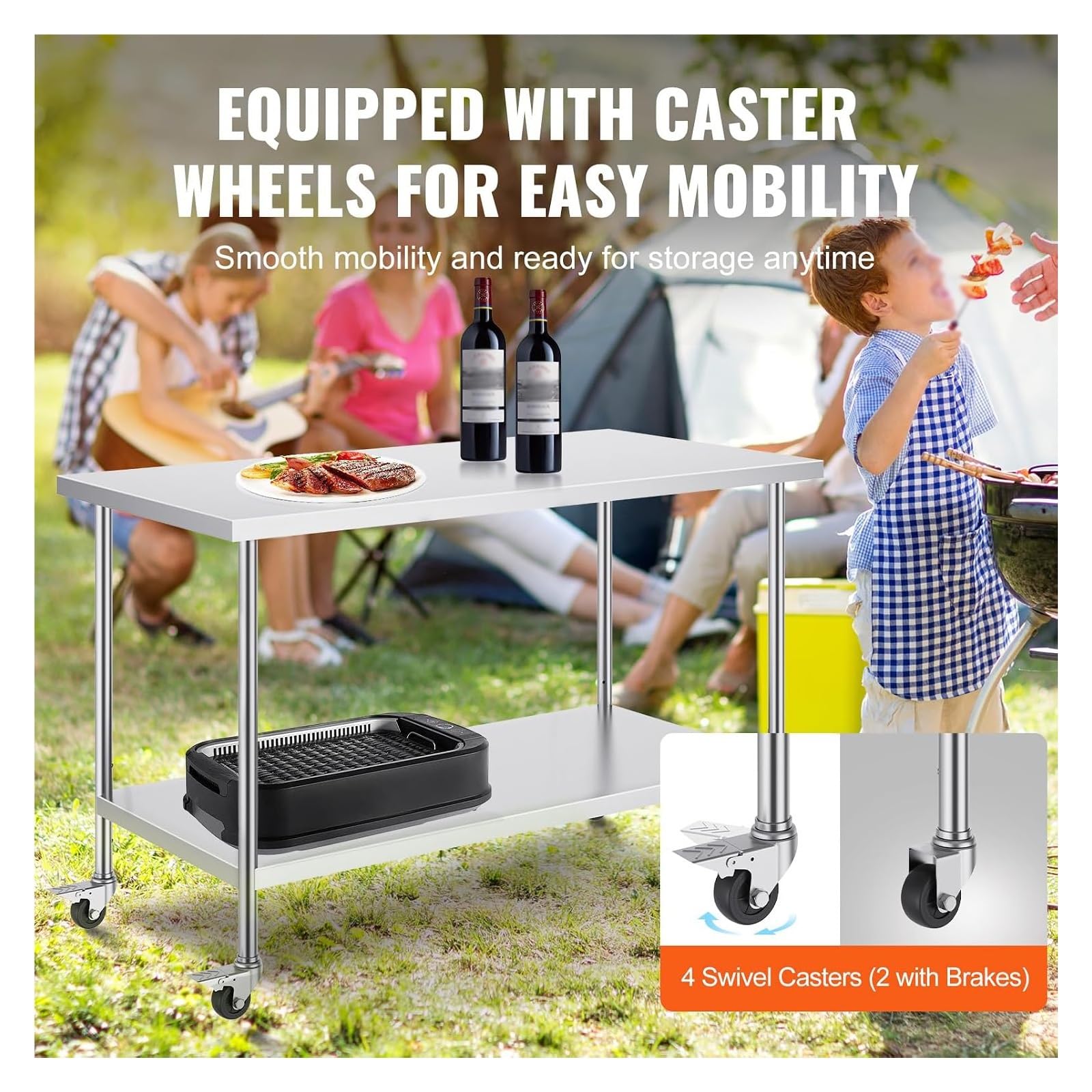 Edelstahl-Arbeitstisch – Robuster, Rollender Lebensmittelzubereitungstisch Aus Metall Mit Rollen, Lenkrolle, Grillständer, Mikrowelle, Outdoor-Küchentische, Arbeitsplatte(60x40x83cm)