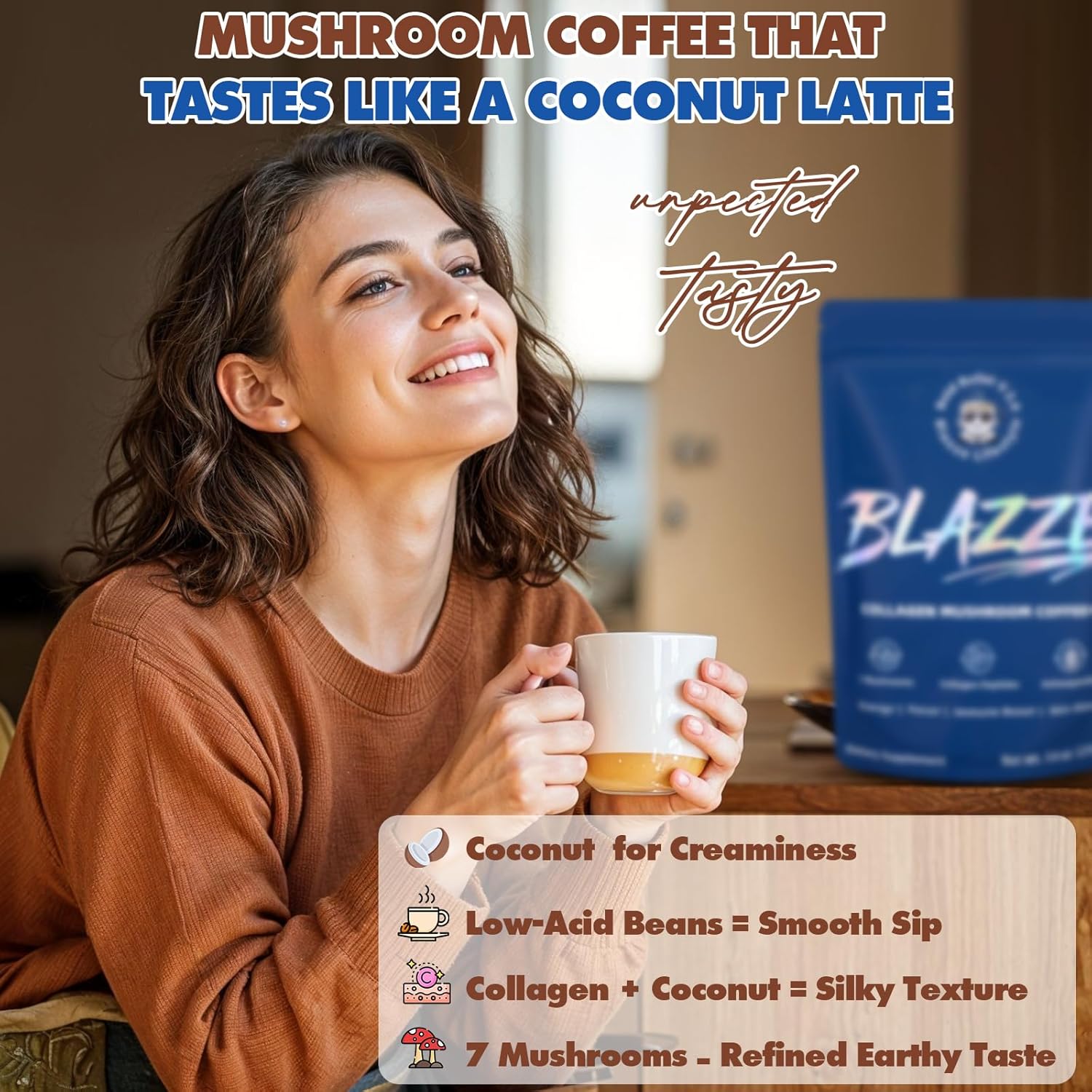 BLAZZE Mushroom Coffee with Collagen,100% Fruiting Body Extract,Adaptogenic 7 Mushrooms with Organic Reishi, Lion's Mane,Ashwagandha,Instant Coffee for Focus, Energy & & Immune Support–30 Servings - Image 6