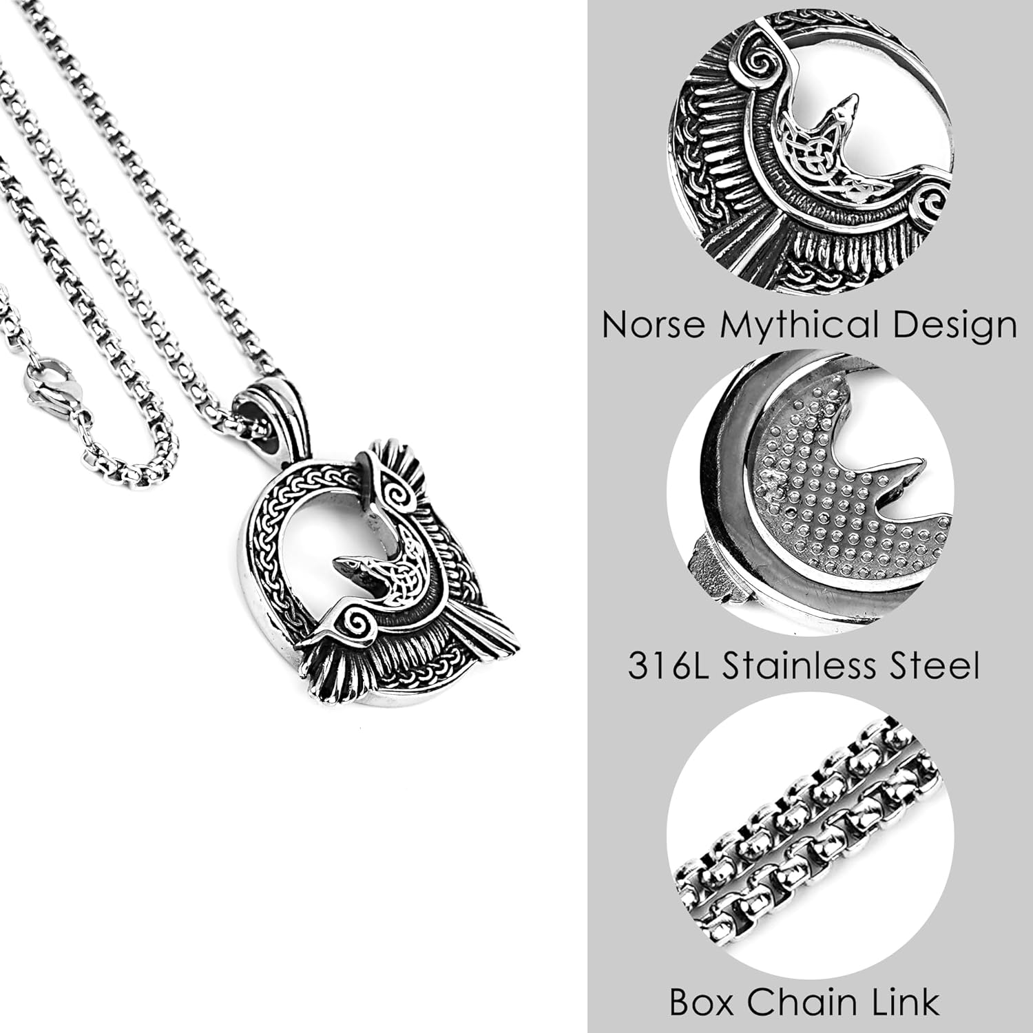 Viking Raven Necklace - Norse Mythology Amulet with Celtic Knotwork, Stainless Steel Pendant, 23-Inch Chain, Antique Silver Finish - Image 2