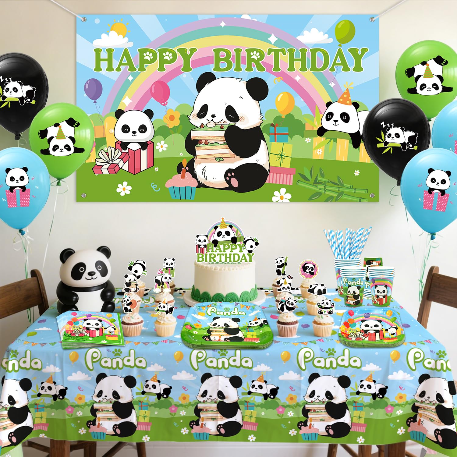 Decorazioni per feste a forma di panda, accessori per feste a forma di panda, tra cui striscione, piatto, topper per torte, bicchieri, tovaglioli, palloncini, tovaglia, per 20 persone (BJ)
