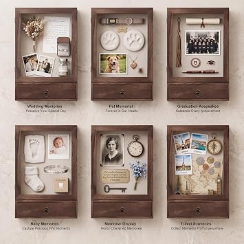 Deep Shadow Box Frame 11x16, 4 Depth Display Case with Drawer, Rustic Solid Wood Memory Box with Acrylic Door for Wedding Bouquet, Medals, Memorial Photos, Keepsakes, Wall or Tabletop