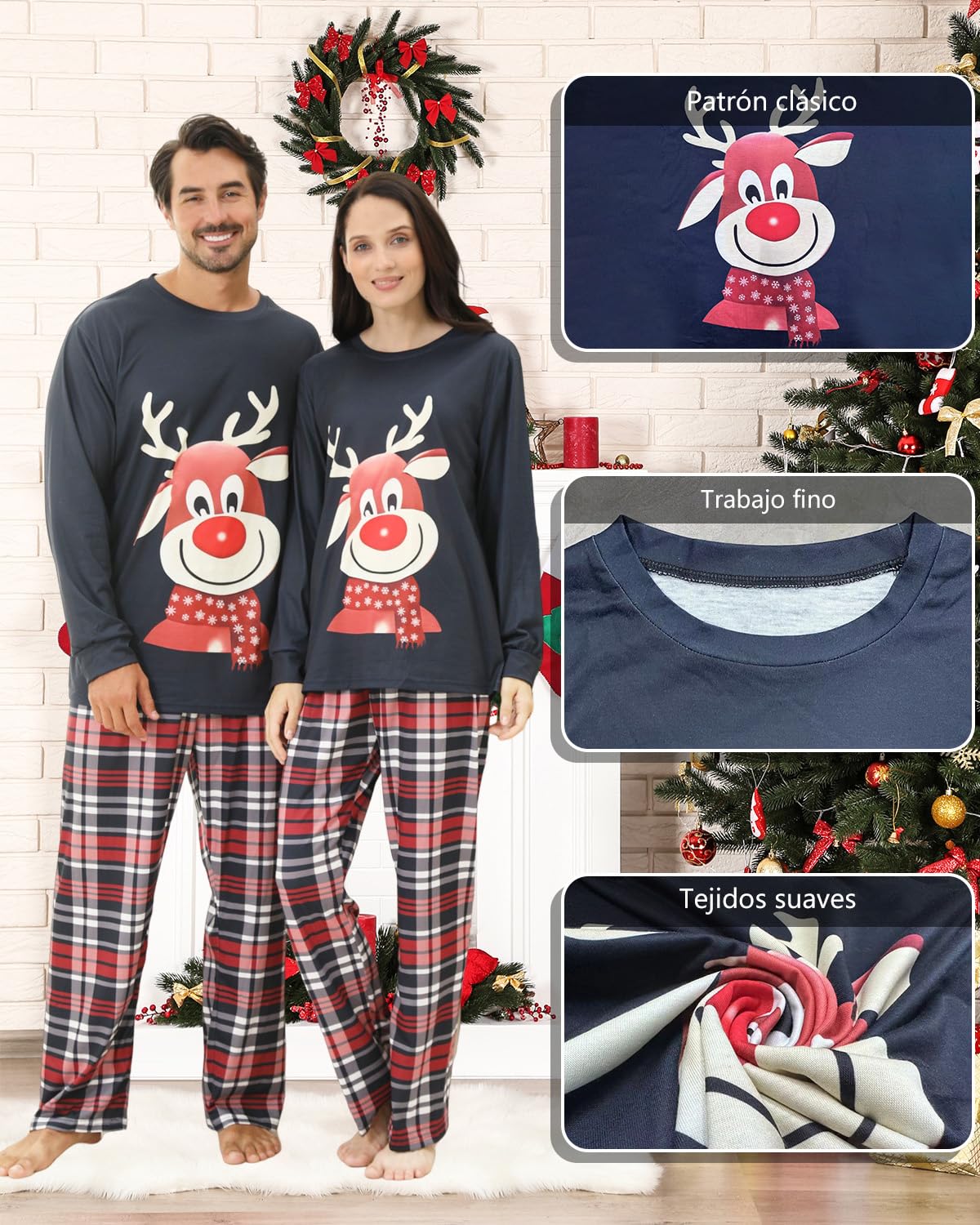 DDKJ Pijama Navidad Familia,Pijama Familiar Navidad con Estampado de Renos,Pijamas Navideños Familia Top Blanco y Pantalón de Cuadros Rojos,Blancos y Negros,Pijamas Navidad Mujer/Hombre/Niña/Niño