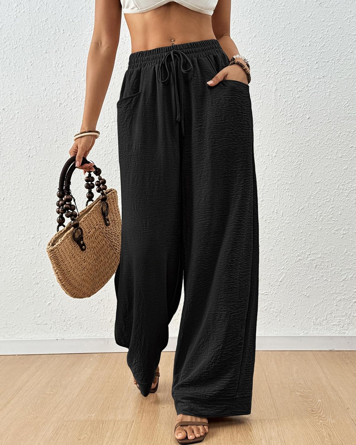 Bsubseach Womens Wide Leg Pants Summer Casual Palazzo Pant Flowy Drawstring High Waist Beach Lounge Trousers with Pocket - Image 2