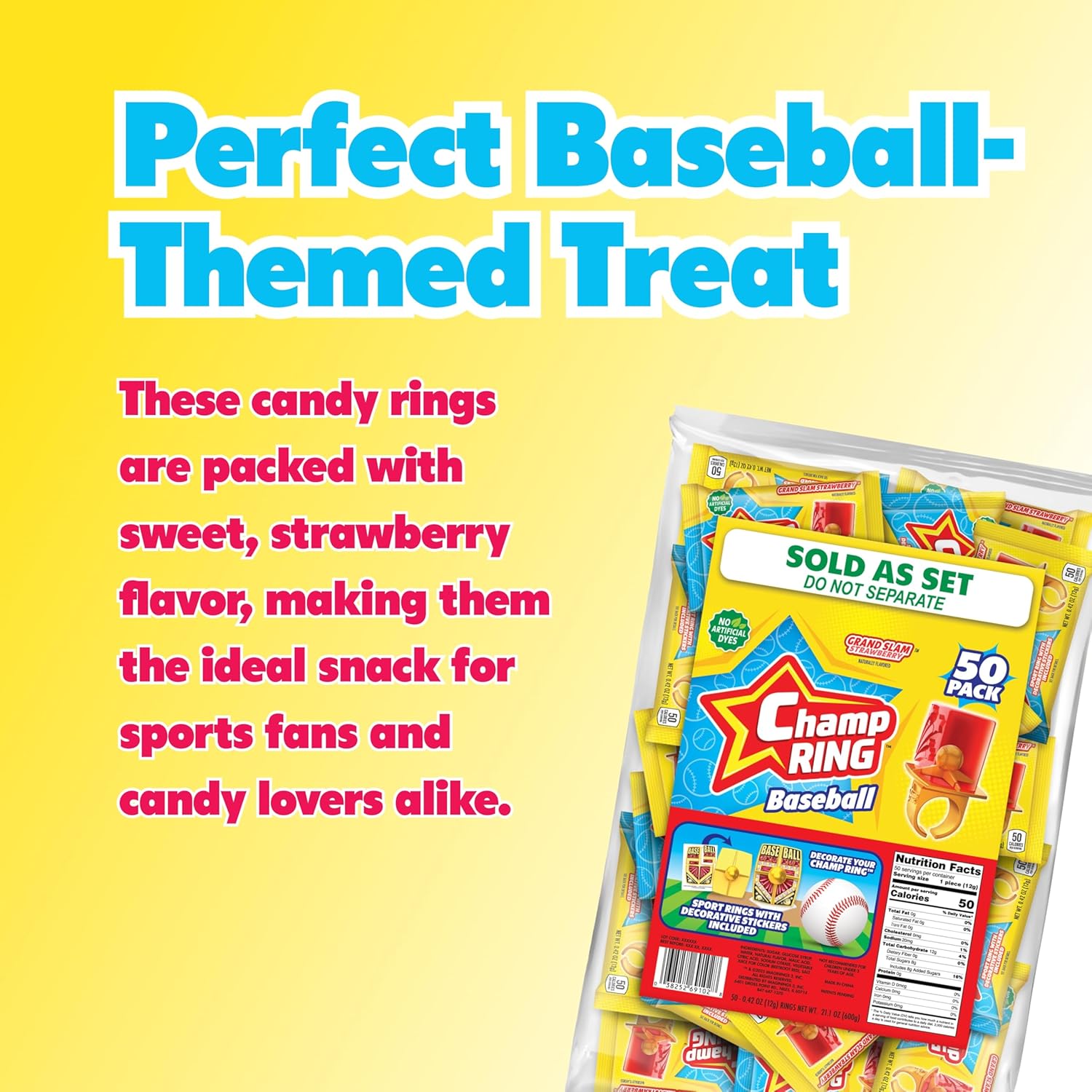 Champ Ring Baseball, Grand Slam Strawberry - Delicious Strawberry Flavored Candy Rings - Individually Wrapped - No Artificial Colors or Dyes - Perfect for Parties, Events & Snacks - Bulk Pack of 50