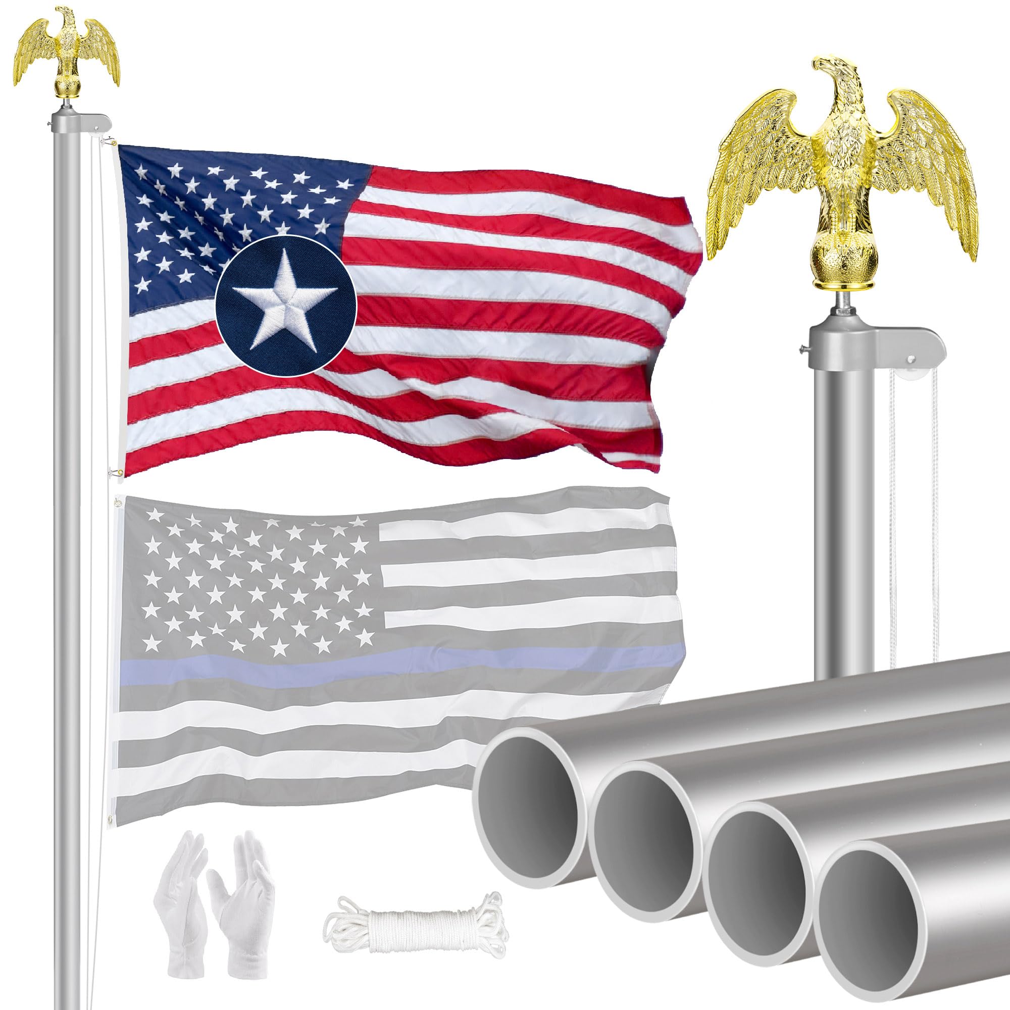 20FT Sliver Flag Pole 13 Gauge Extra Thick Aluminum Flagpole Kit with 3x5 TearProof Embroidered American Flag and Metal Eagle Topper for Outside House