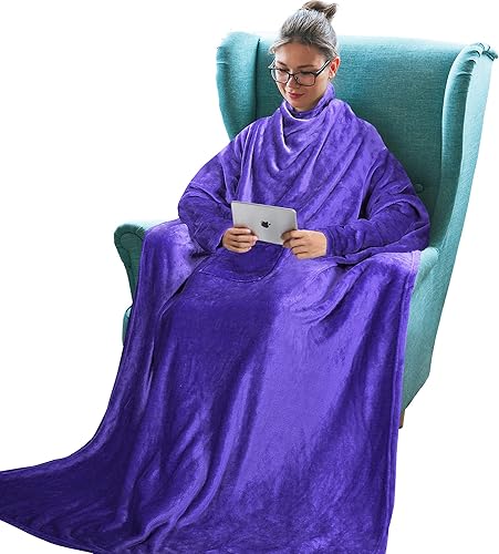 Miniatura 9 de Tirrinia Manta portátil para adultos, manta acogedora con mangas, manta completa para leer, manta acogedora para ver la televisión, idea de regalo