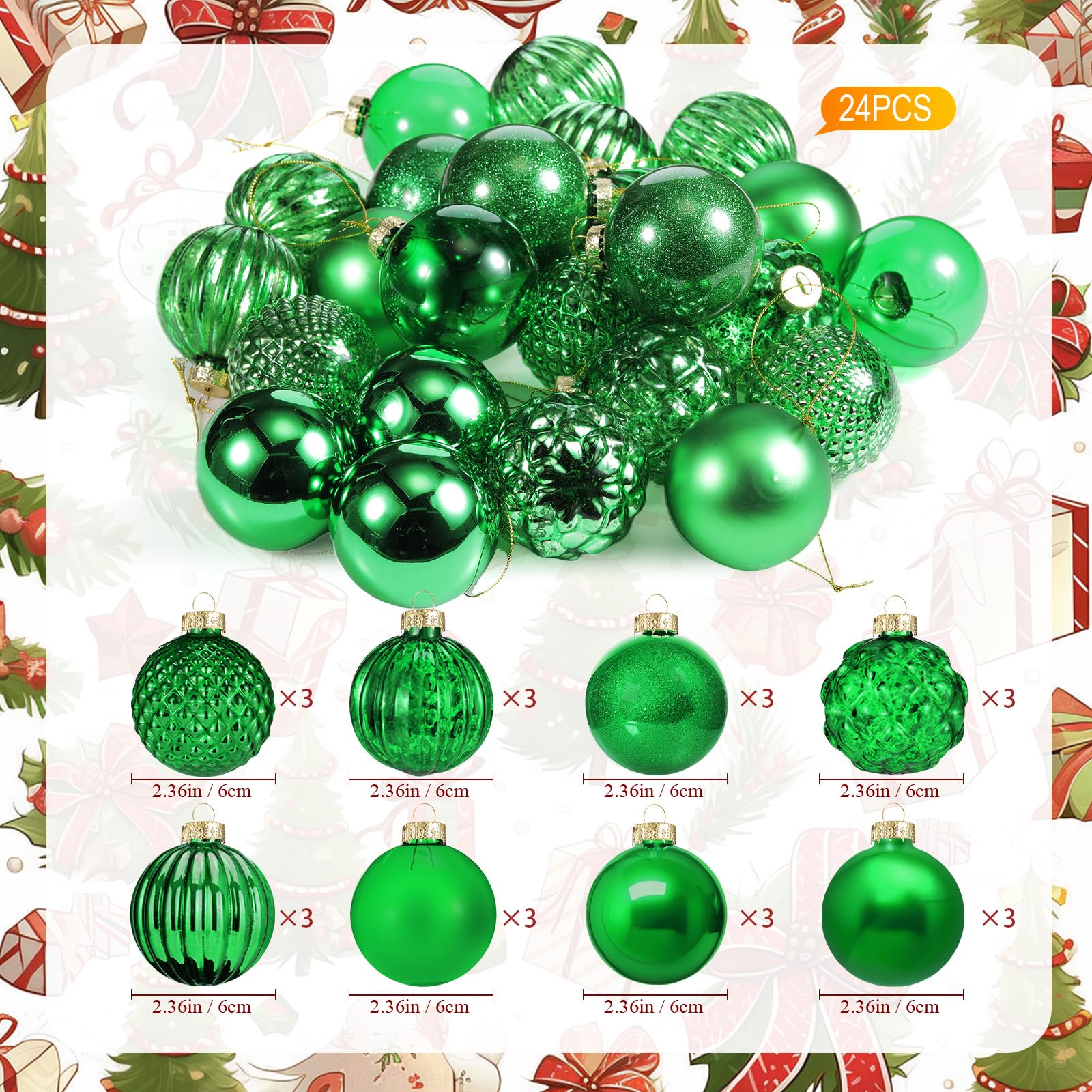 Liliful Lot de 24 boules de Noël en verre à suspendre pour festival, maison, mariage, vacances, fête, 6 cm (vert)