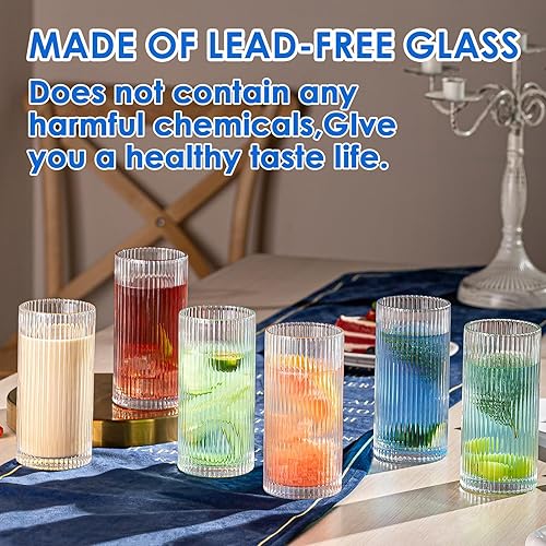 Miniatura 5 de Vasos vintage para beber Art Deco Collins, vasos de cóctel acanalados, juego de 4 vasos de vidrio estilo origami, vasos altos, cristalería ondulada