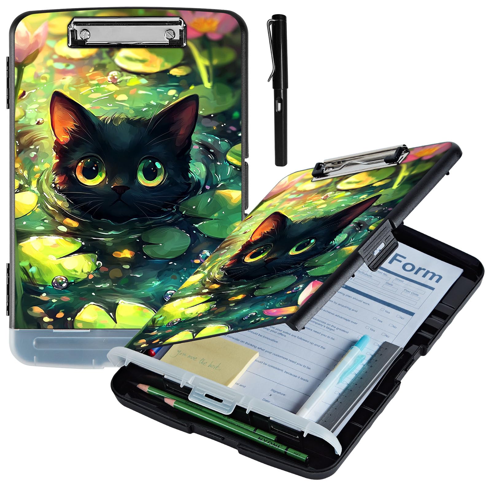 ACWDMKH Clipboard with Storage,Plastic Storage Clipboard with Low Profile Clip,Heavy Duty High Capacity Clip Boards with Pen Holder & Pencil,Teacher Must Haves,Office Supplies,Cute Cat Lotus — image 1