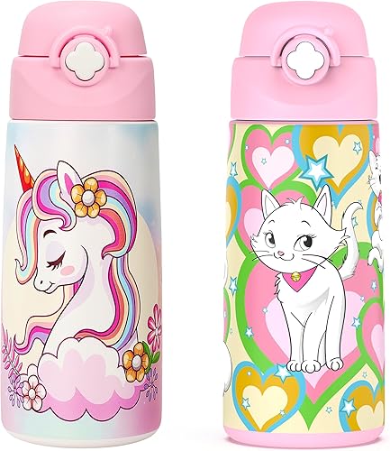 Miniatura 14 de Botella de agua aislada para niñas con popote desplegable cubierto, vasos para niños de 16 onzas con acero inoxidable a prueba de fugas para la B11.