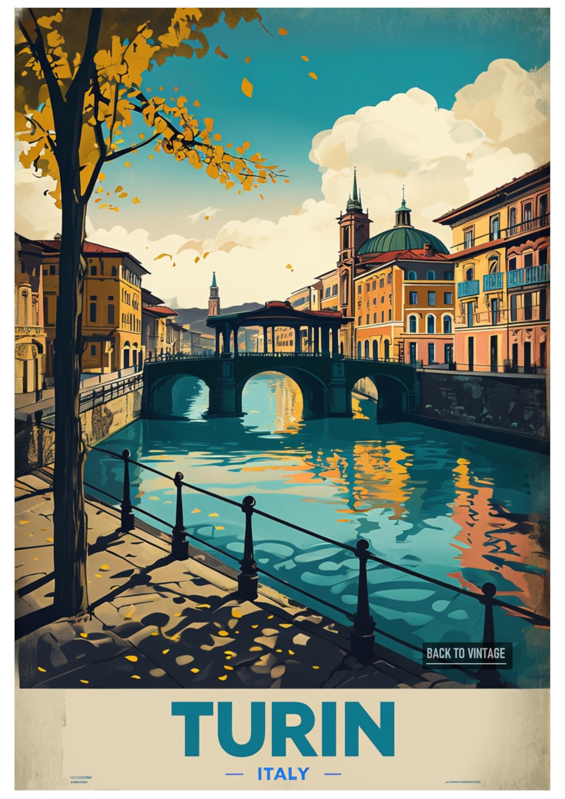 Vintage Travel Poster of Turin City Featuring Serene Canal Scene - Retro Europe Travel Poster A4 Size Vintage Wall Art Print of Famous European Destinations Ideal for Home or Office Decor