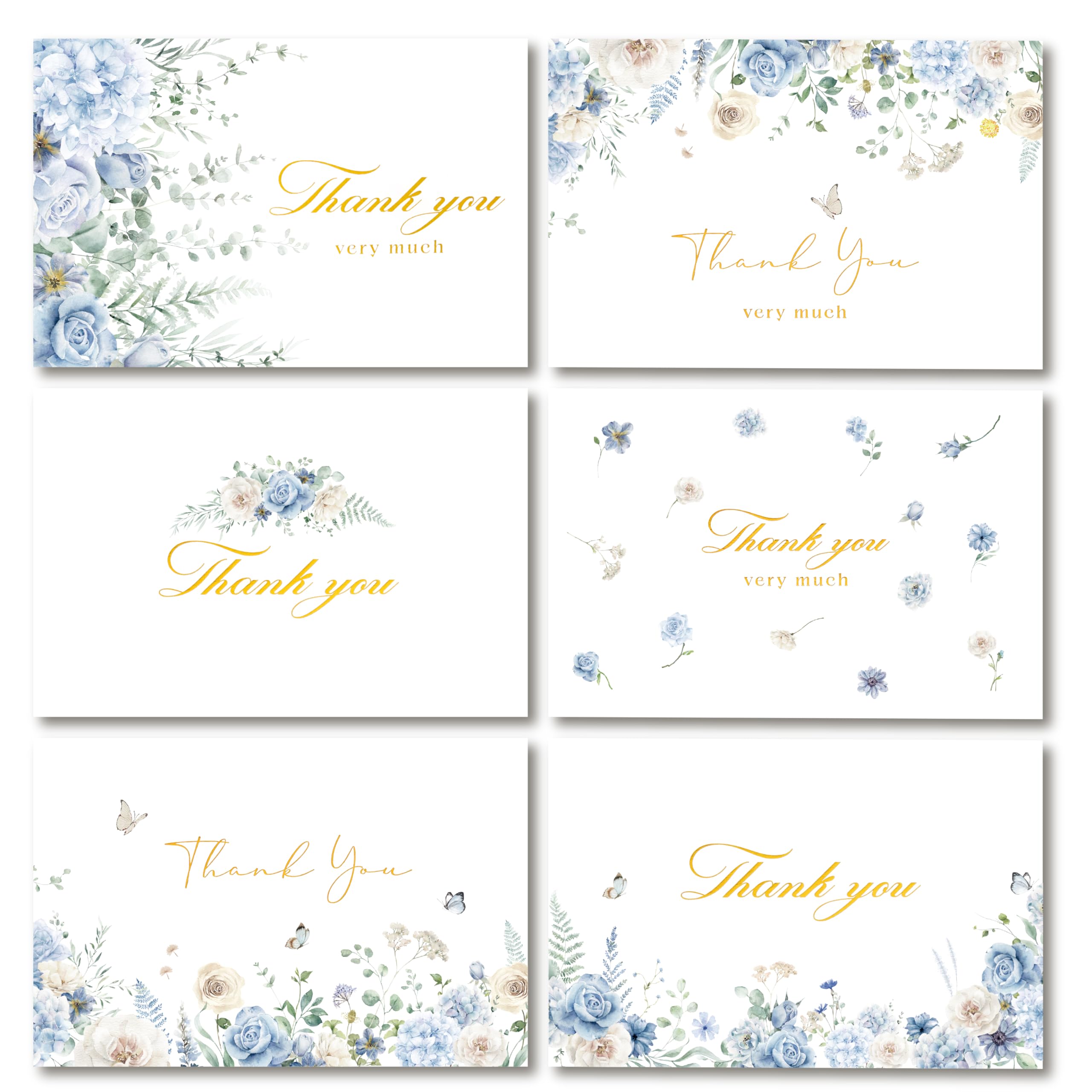 Crisky 50 Pcs Floral Thank You Cards with Envelopes & Stickers, Gold Foil Watercolor Blue WildFlowers Greeting Cards for Bridal Shower, Wedding,