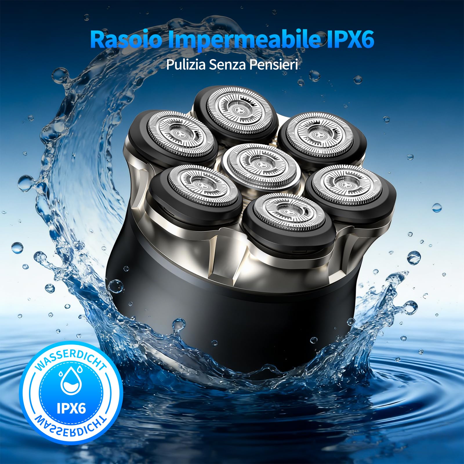 Rasoio Testa Uomo 7D, Rasoio Elettrico Calvo con Testina Magnetica, IPX6 Impermeabile, Ricarica Rapida Type-C, Display LED e Batteria 1200 mAh, Facile da Pulire