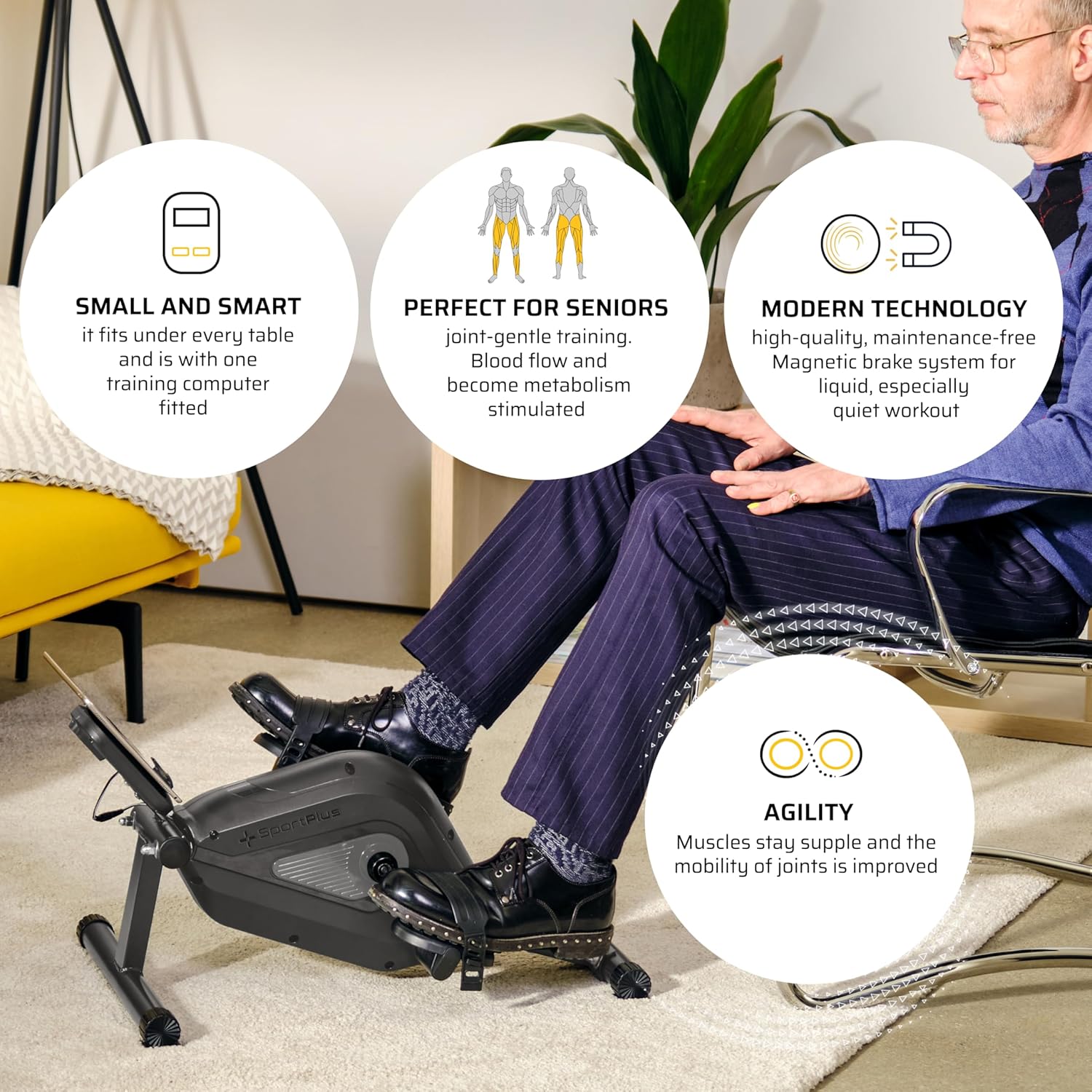 Person using the SportPlus Mini Exercise Bike while seated on a sofa.