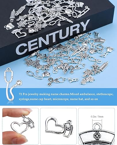 Miniatura 3 de JIALEEY 72 dijes médicos para enfermera, jeringa mixta de estetoscopio, gorra, dijes, para enfermera, graduación, bricolaje, para hacer collares,