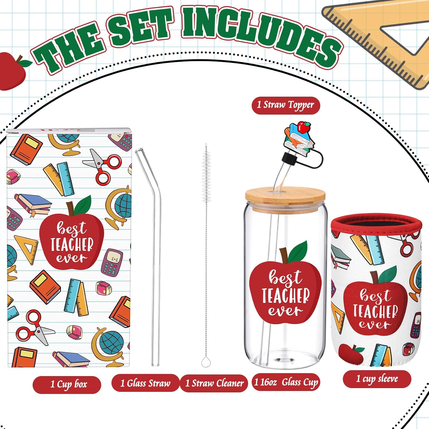 Nuogo Teacher Appreciation Gifts for Women Iced Coffee Cup 16oz Glass Cup with Straw Stopper and Sleeve for Teacher's Day with Thank You Gift Box(Apple) - Image 2