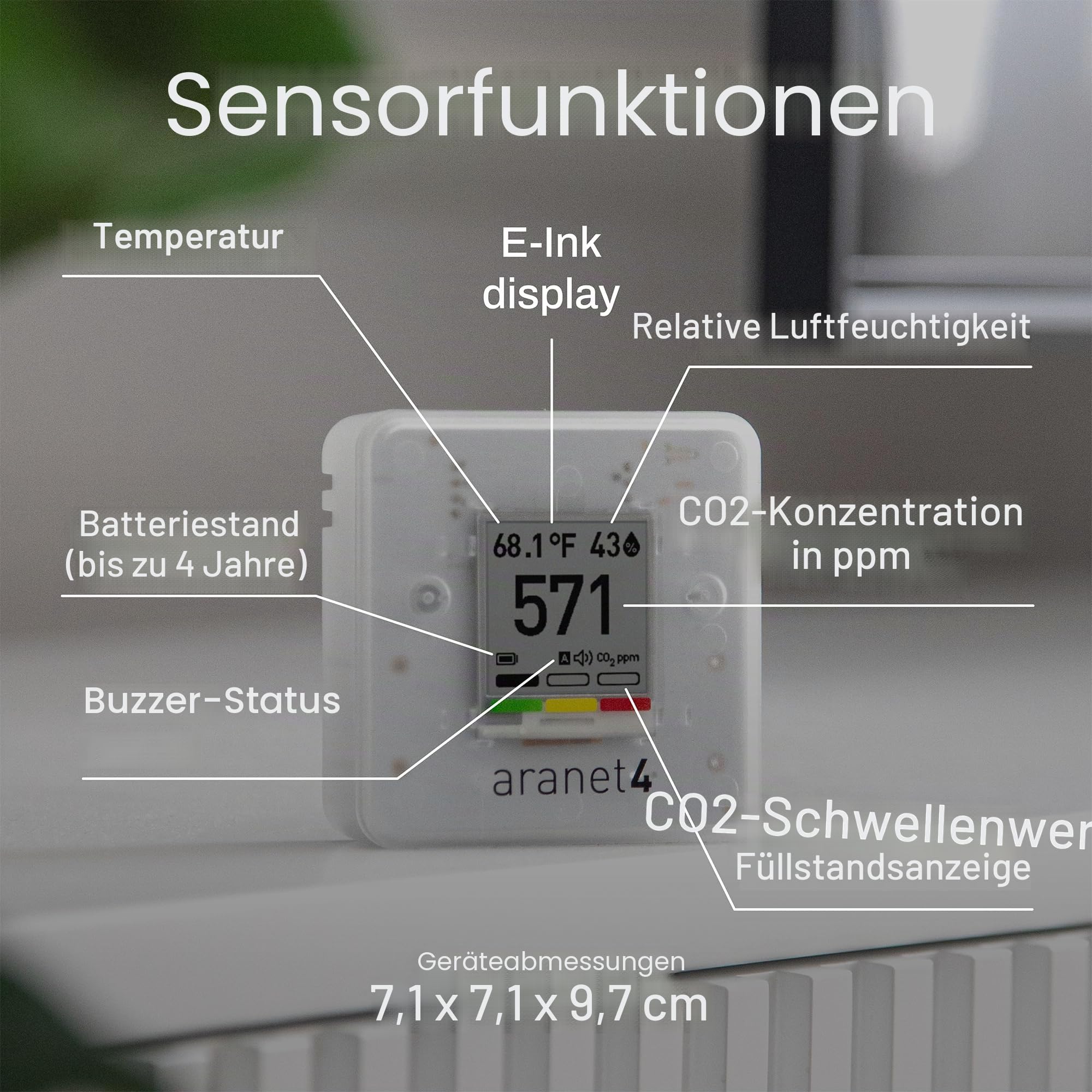 Aranet4 Home Kabelloser Raumluftqualitätssensor CO2 Temperatur Luftfeuchtigkeit tragbar