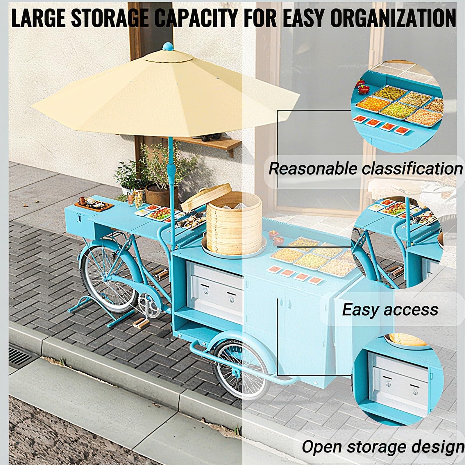 Tricycle Utilitaire Commercial avec Parasol pour la Vente ambulante, Food Trucks, événements en Plein air, Cuisine Mobile, Stand de Restauration, remorque Alimentaire