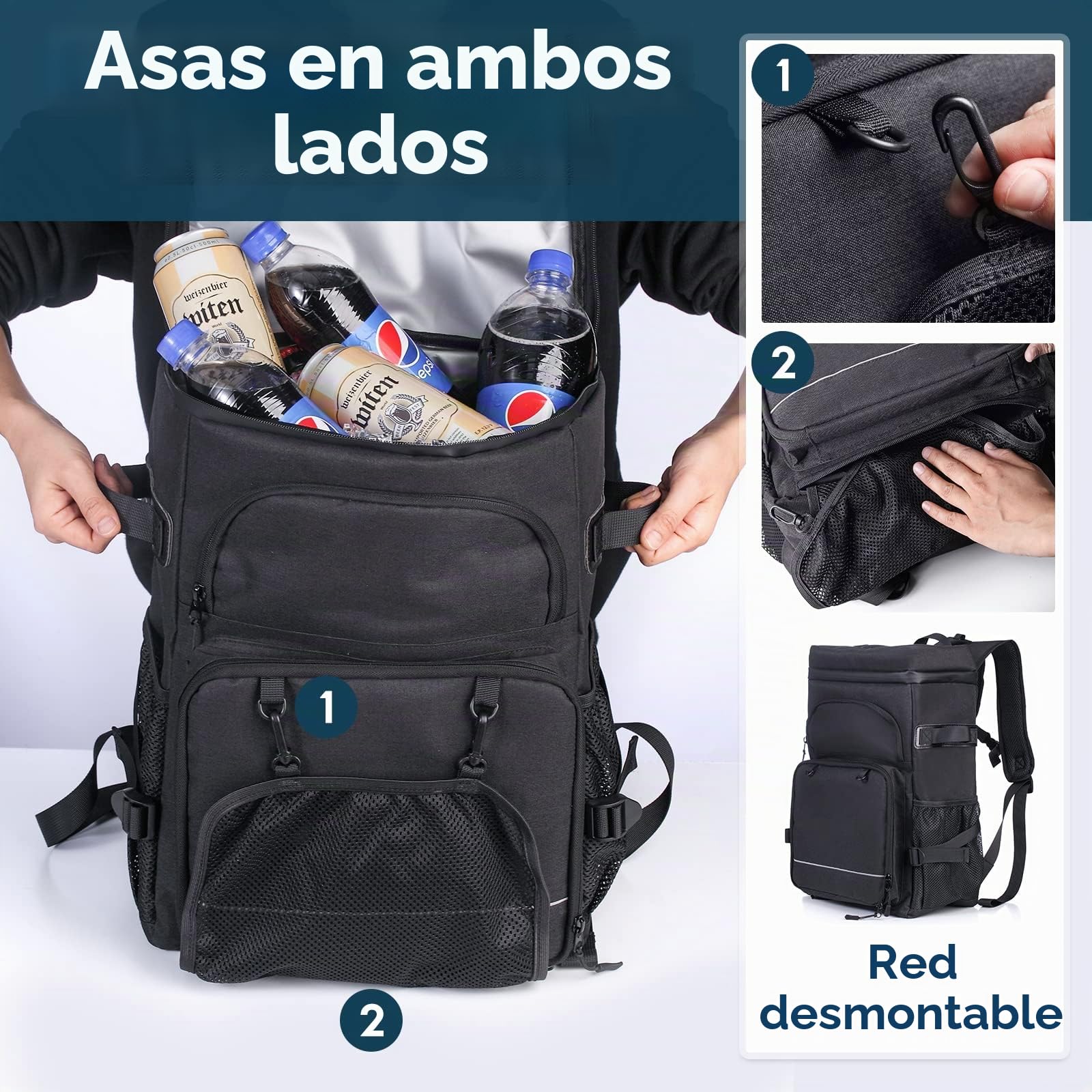 DEWUR Mochila de refrigeración térmica de 35 l, Bolsa de refrigeración, Mochila de Picnic Impermeable con abridor de Botellas, para Picnic, Camping, Playa, Senderismo, Viajes, Compras (Negro)