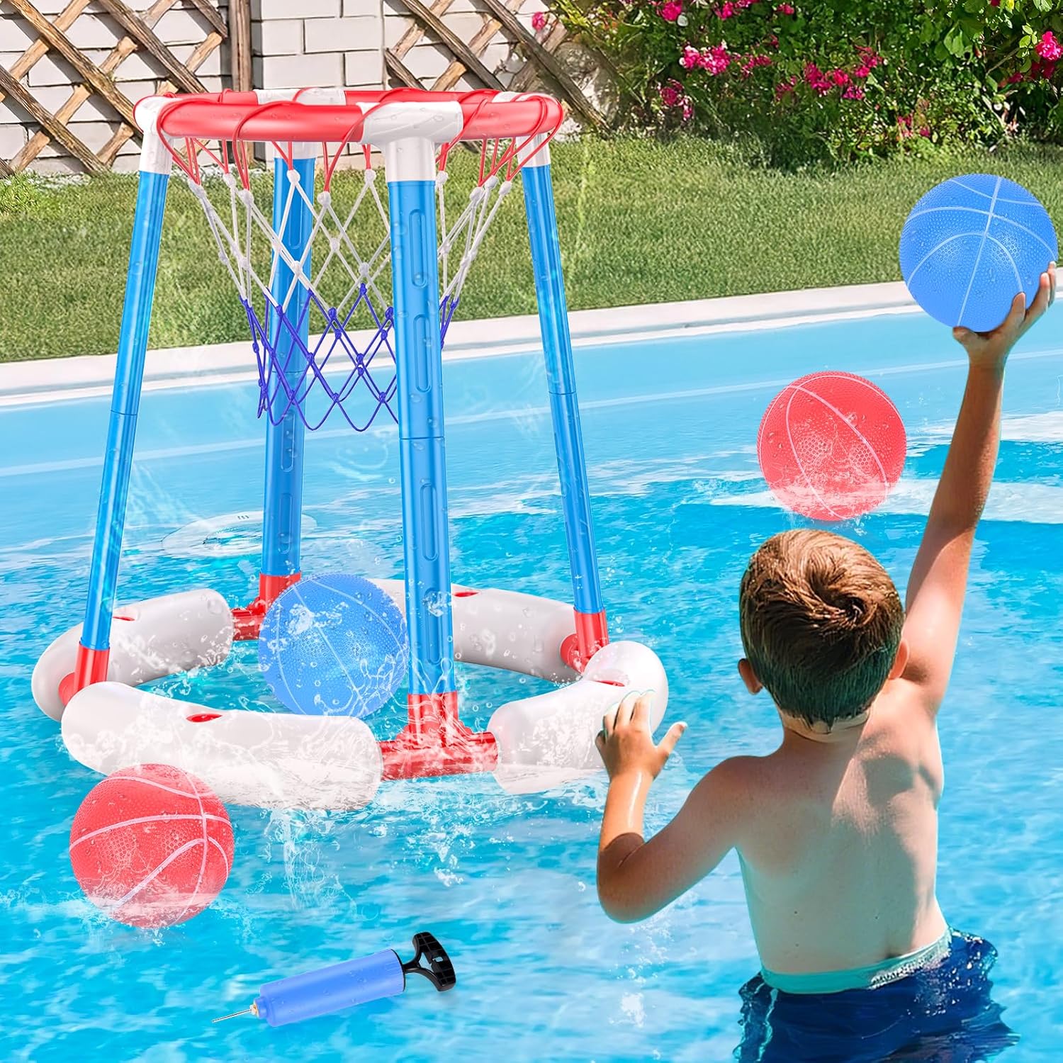 Pool Basketball Hoop with 4 Balls and Pump  Poolside & Floating Basketball Hoop for Pool, Fun Pool Toys & Swimming Pool Games, Water Basketball Game for Kids Ages 3+, Perfect for Summer Parties