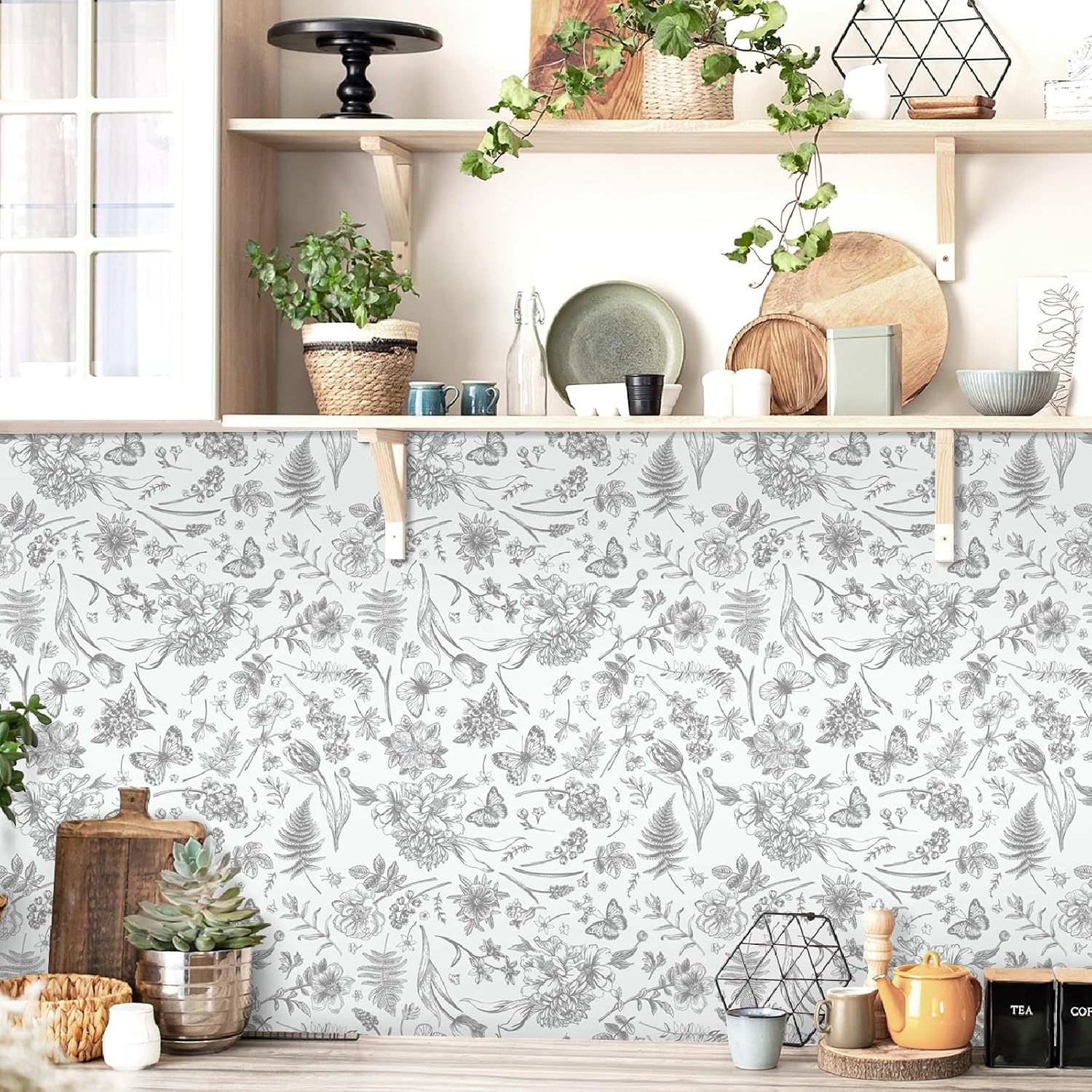 Peel and Stick Wallpaper Floral White Gray Flower Contact Paper Butterfly Boho 17.3" x 197" Removable Leaves Self-Adhesive Wallpaper for Bedroom Waterproof Shelf Liner Decal Vinyl Roll