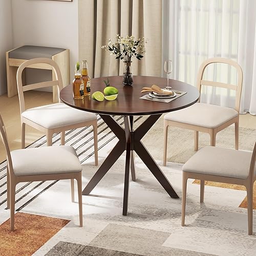 Miniatura 2 de Tangkula Juego de mesa de comedor redonda para 4, juego de mesa de cocina con asiento y patas de madera maciza, mesa de cocina redonda y sillas para