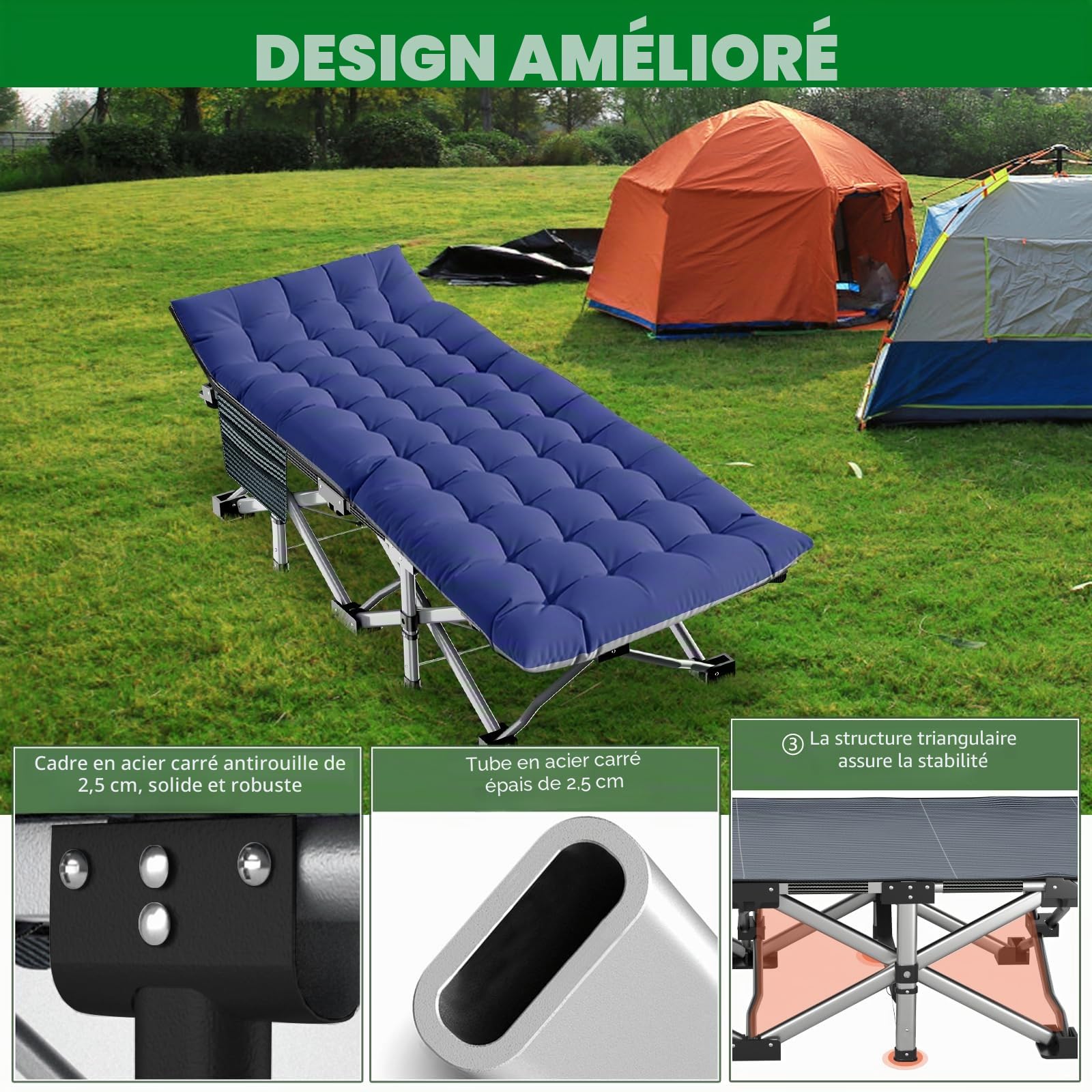 Lit de Camp Pliable avec Matelas, Lit Pliant Adulte 190 x 71 x 36 CM Charge Jusqu'à 200 kg Camping Bed Oxford 1200D 1 Personne pour Camping, Voyages, Maison, Jardin, Bureau