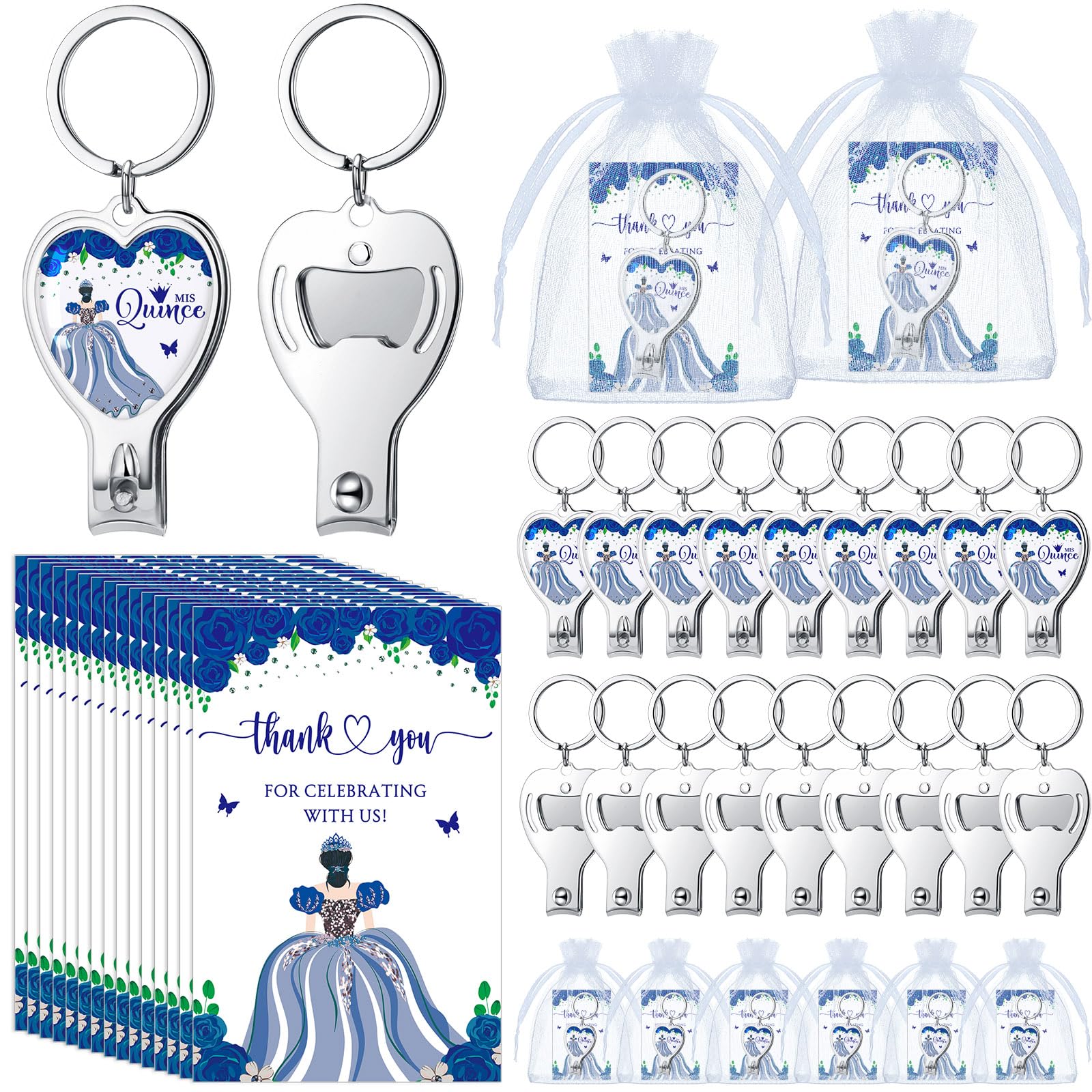 Landical 50 Sets Blue 15th Quinceanera Party Favors Includes Quince Keychain Bottle Opener Nail Clipper Thank You Cards Organza Bags for Guests Sweet