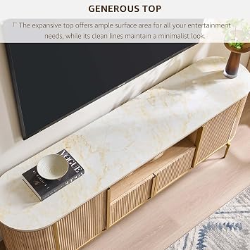 OKD 70 Fluted TV Stand with Storage, Faux Marble Top Entertainment Center for TVs Up to 80, Modern Curved Edge Media Console Cabinet for Living Room, Natural Oak