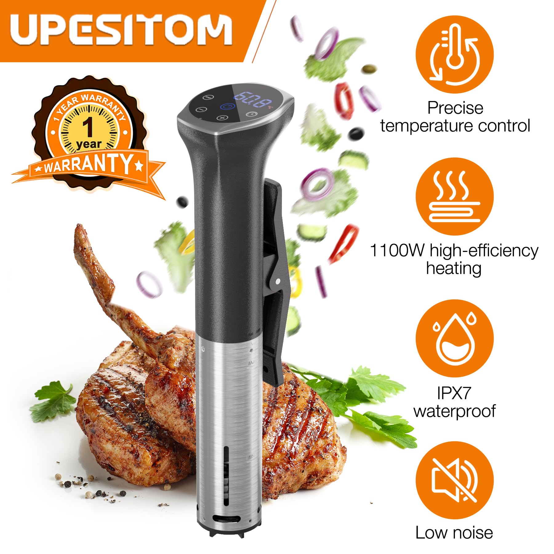 Sous Vide Machine, 1100 W WIFI mejorada Cocina de trabajo ultra silenciosa Circulador de inmersión con recetas (aplicación incluida), temperatura precisa, temporizador digital, impermeable