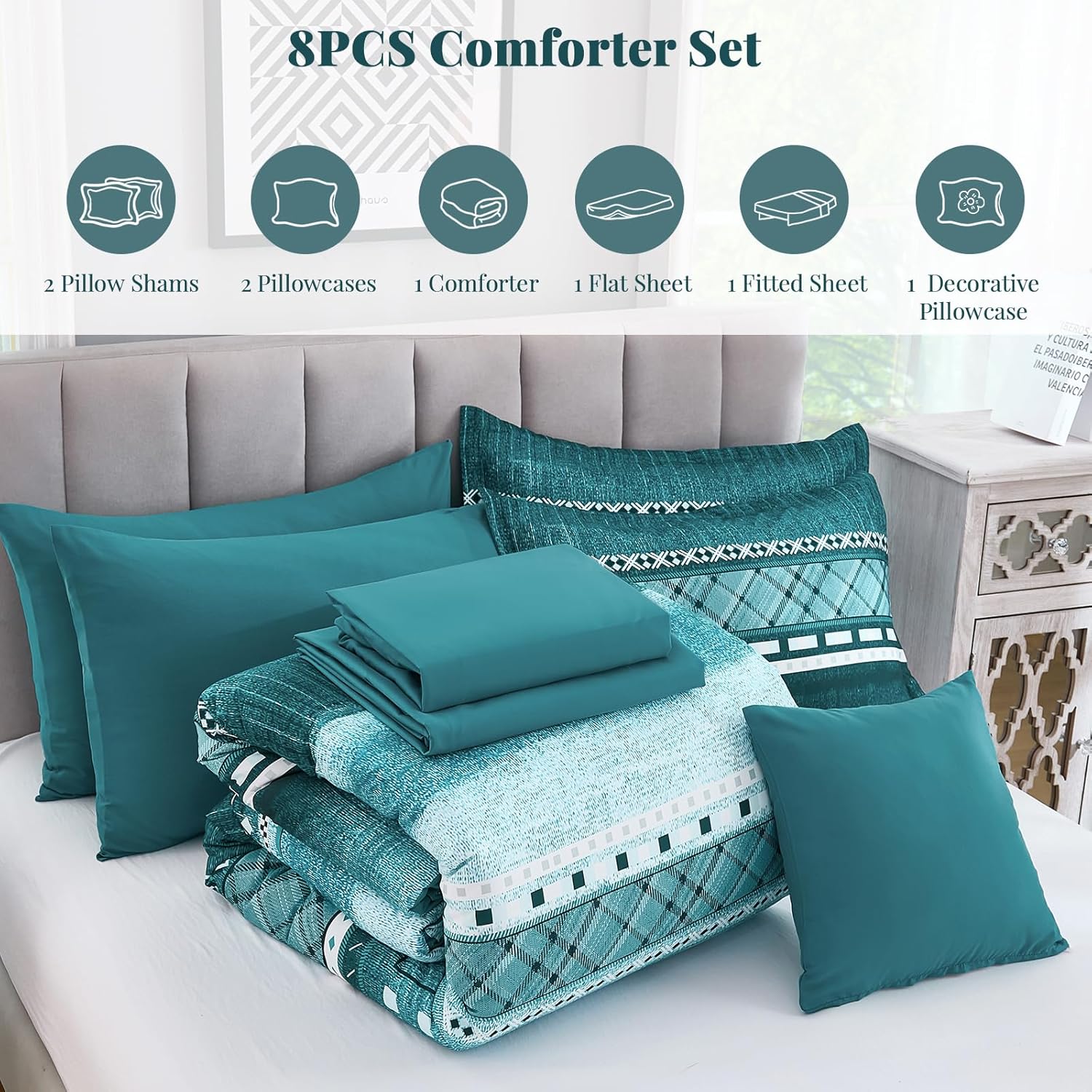 WONGS BEDDING 8 Piece Queen Size Comforter Set, Teal Texture Striped Bed in a Bag Comforter and Sheet Set, Boho Lightweight Microfiber Bedding Set for All Season (90"×90") - Image 7