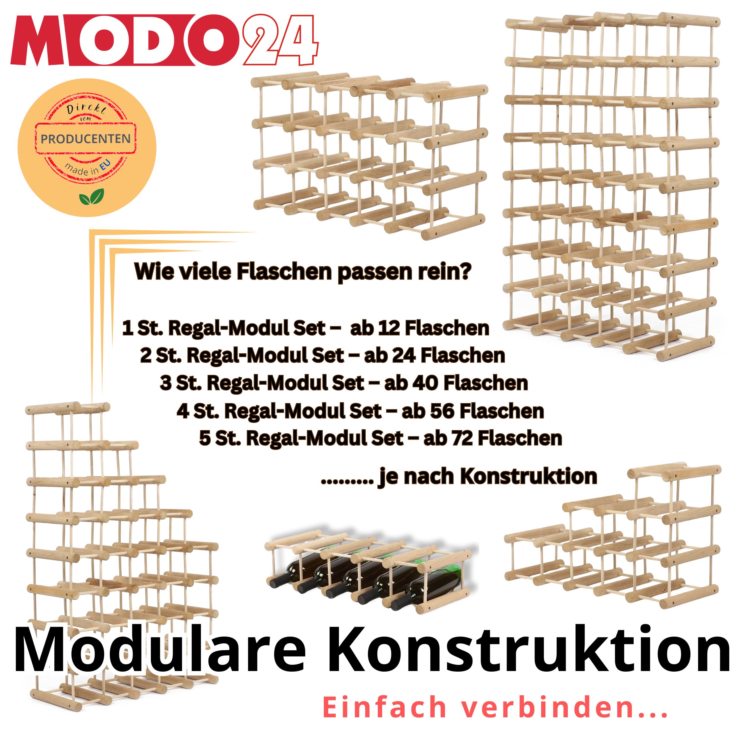 Weinregal Modular Eiche Massivholz 56 Flaschen, 4 Module, Nat. geölt