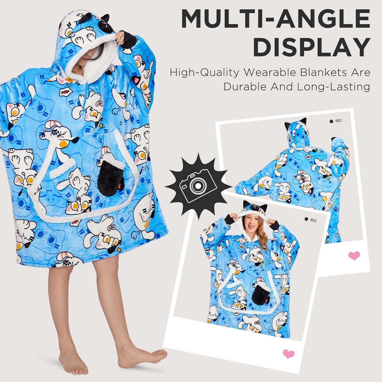 OLAOLA Cat Wearable Blanket Hoodie Snuggies for Adults Oversized Animal Heated Hooded Blanket Throw Comfy Sweatshirt Blanket Hoodie Women Men Sherpa Fleece Snuggy with Pockets & Sleeves for Christmas - Image 5