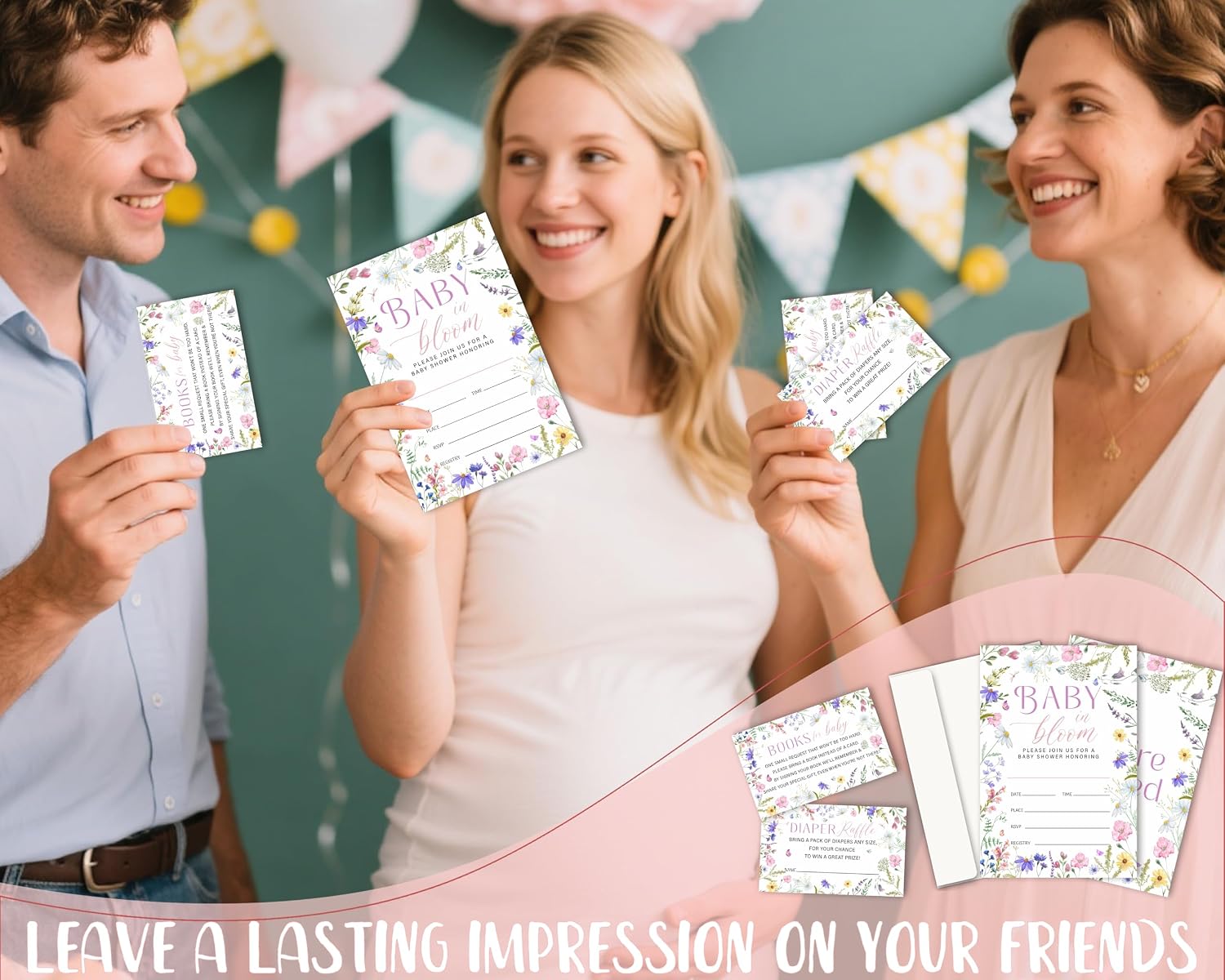 Wildflowers Baby Shower Invitations For Girl, Sets of 25 Baby In Bloom Invites With Envelopes, Diaper Raffle Tickets, Book Request Cards, Floral Gender Reveal Party Decor-01