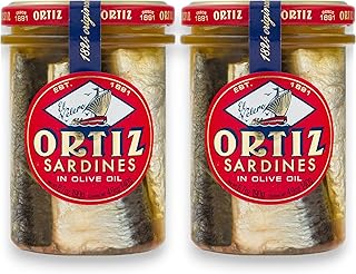 Ortiz Sardines A la Antiqua 'Old Style', Moist and Tender, Wild Caught in Spain and Hand-Packed in Premium Extra Virgin Olive Oil, Enjoy in Salads, Sandwiches and on Toast, 6.7oz Jar (Pack of 2)
