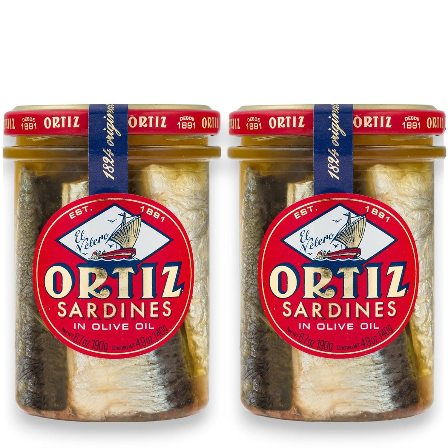 Ortiz Sardines A la Antiqua 'Old Style', Moist and Tender, Wild Caught in Spain and Hand-Packed in Premium Extra Virgin Olive Oil, Enjoy in Salads, Sandwiches and on Toast, 6.7oz Jar (Pack of 6)